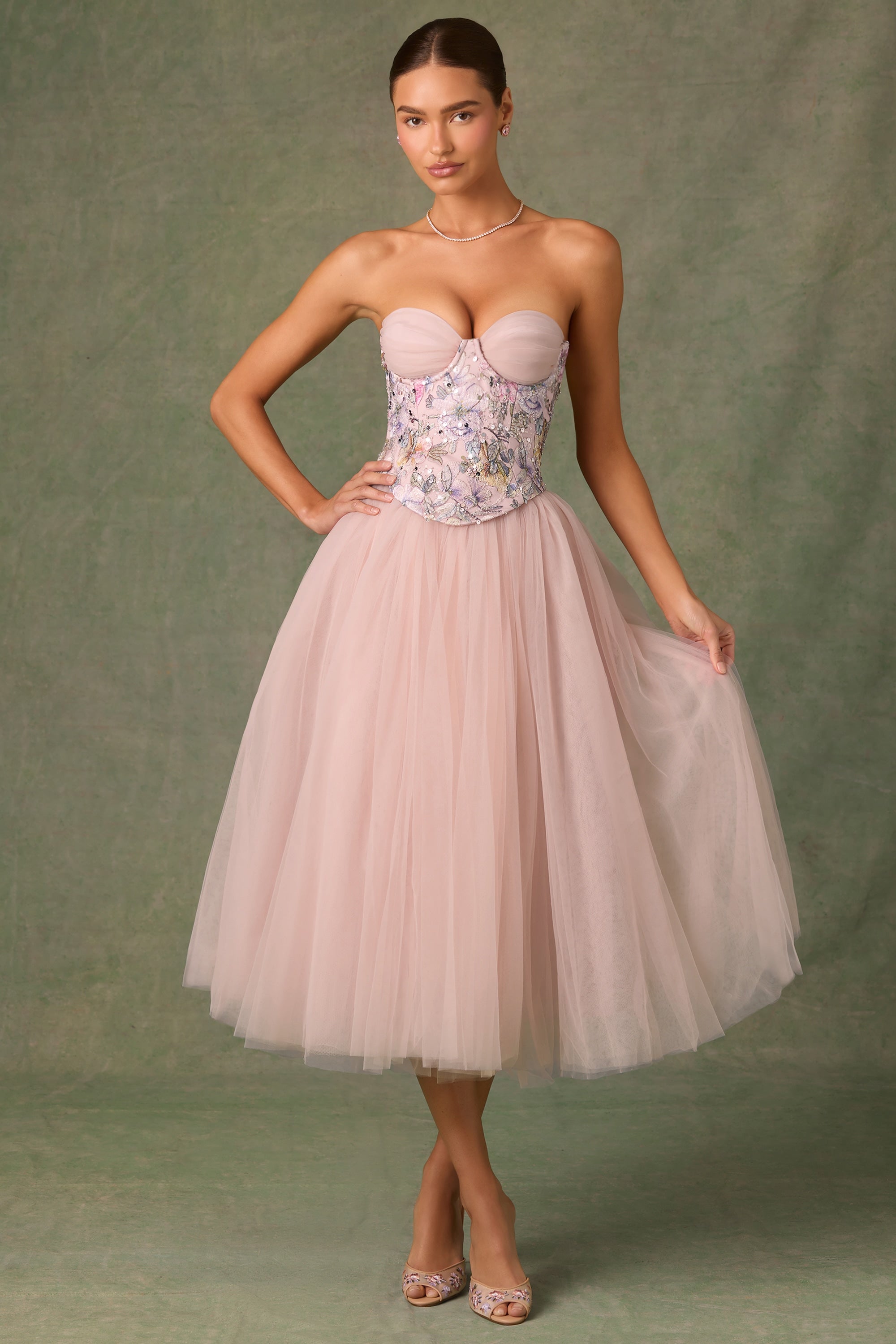 Embellished Lace-Up Cupless Corset in Floral Pink