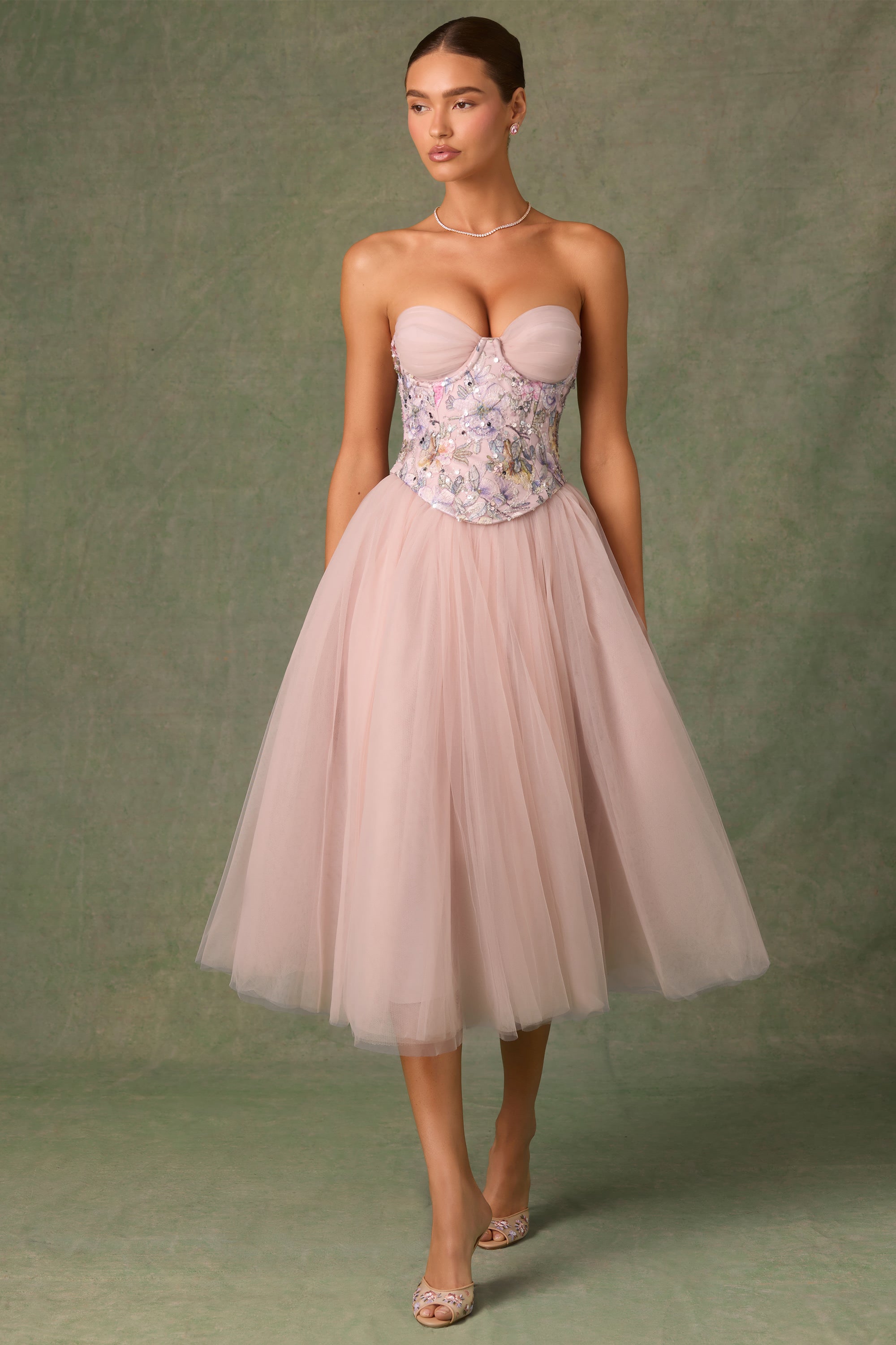 Embellished Lace-Up Cupless Corset in Floral Pink