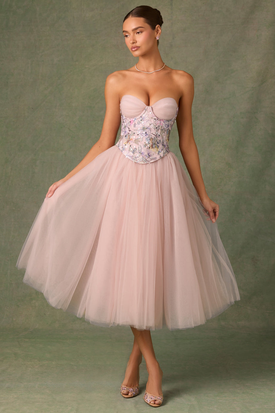 Embellished Lace-Up Cupless Corset in Floral Pink