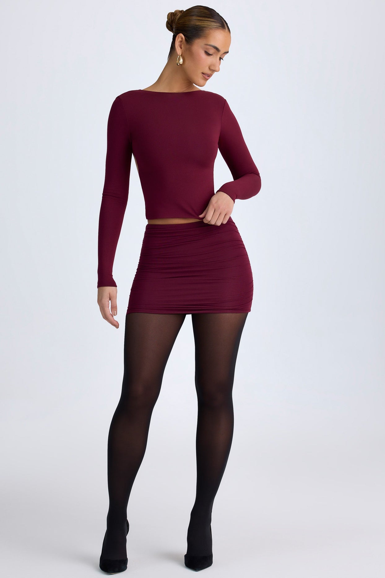 Modal High-Neck Open-Back Top in Wine Red