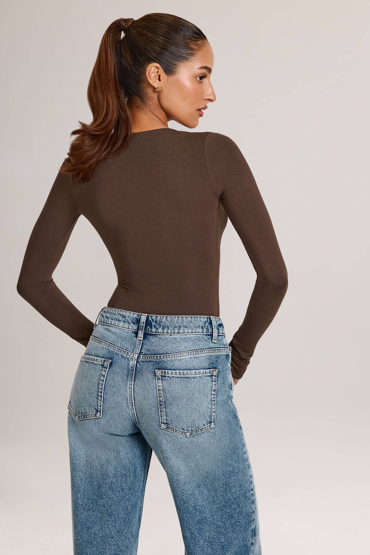 Modal Plunge Long-Sleeve Bodysuit in Chocolate Brown