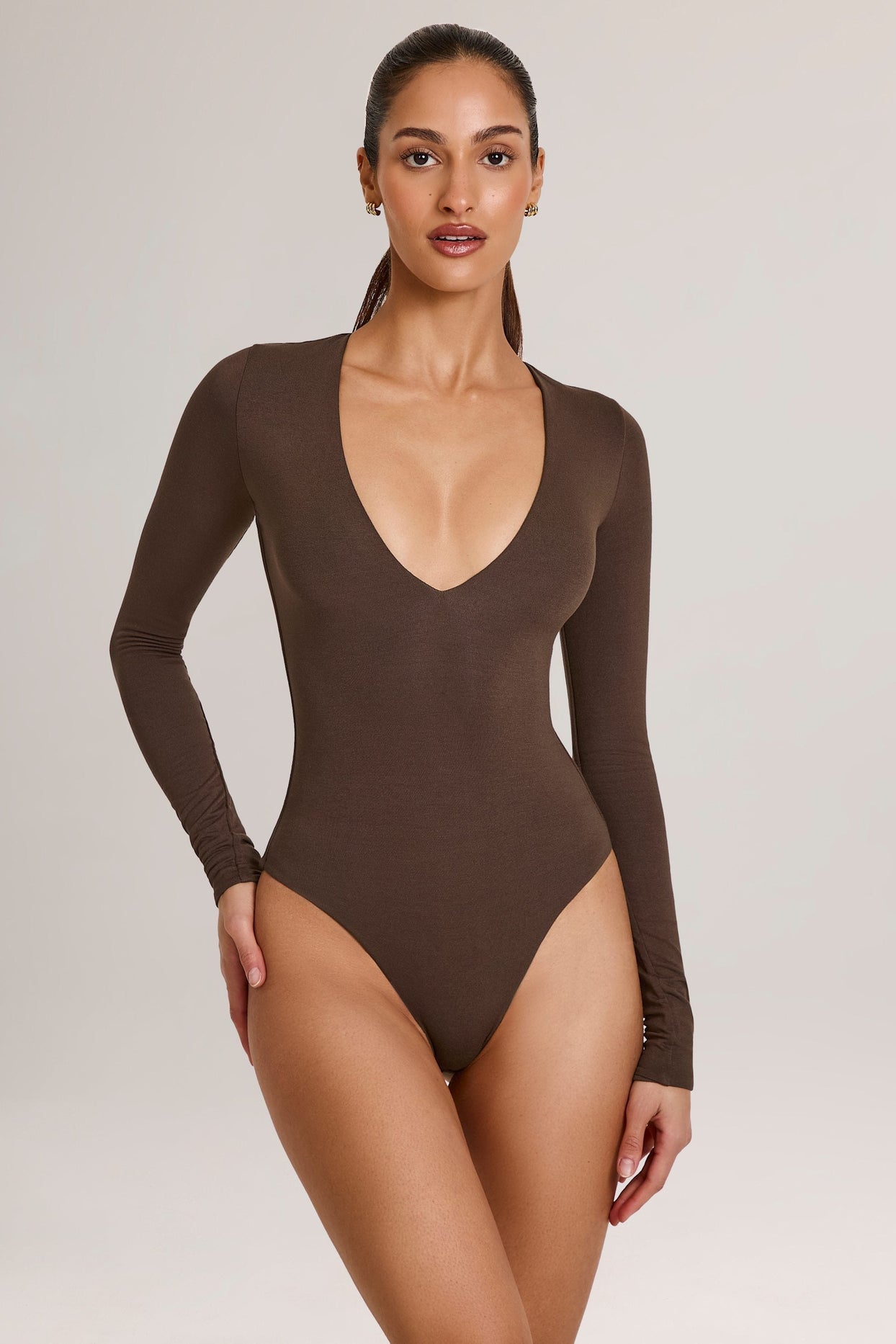 Modal Plunge Long-Sleeve Bodysuit in Chocolate Brown
