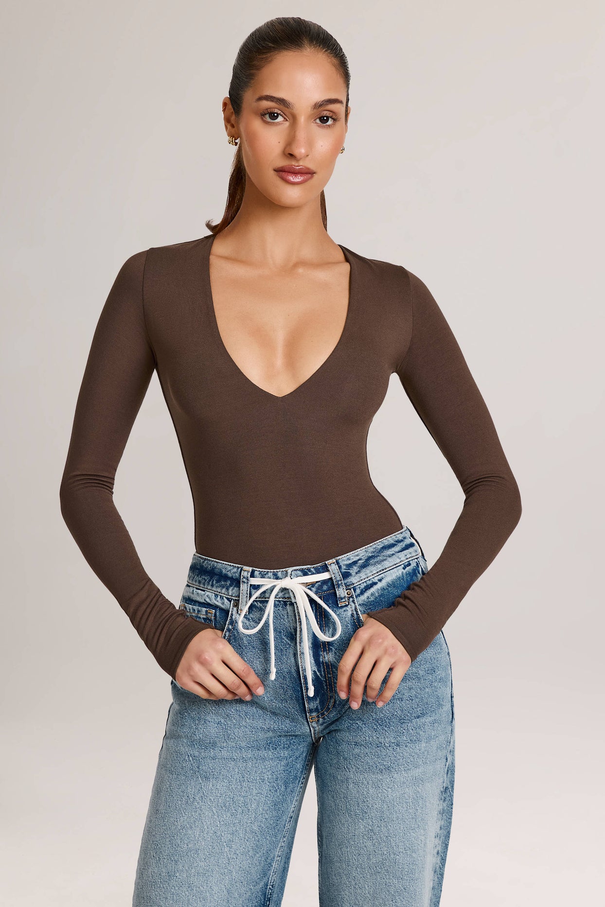 Modal Plunge Long-Sleeve Bodysuit in Chocolate Brown