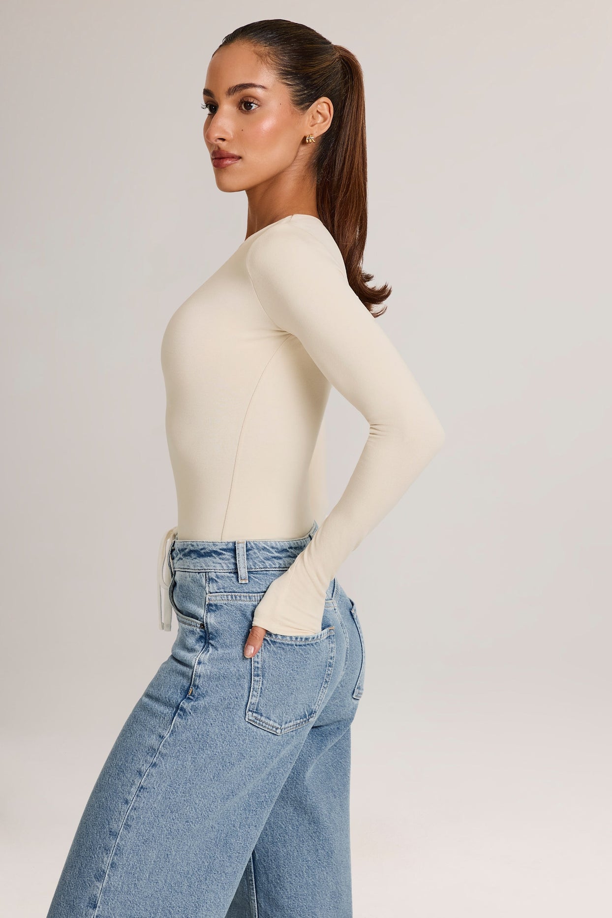 Elodie Modal Plunge Long-Sleeve Bodysuit in Ivory Oh Polly