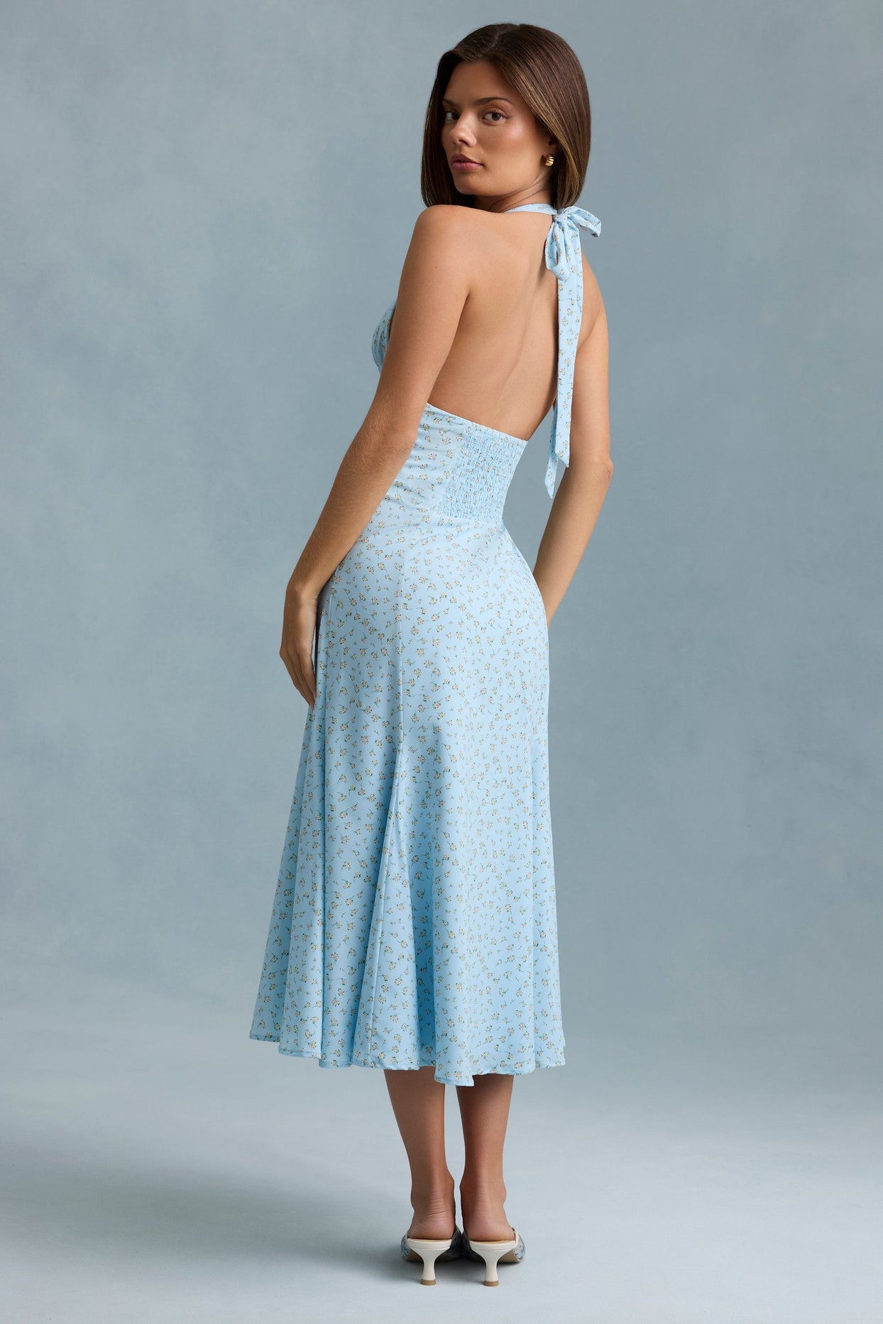 Halterneck Midaxi Dress in Blue Flower Print