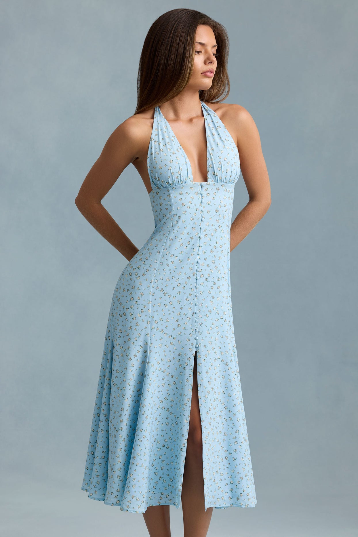 Halterneck Midaxi Dress in Blue Flower Print