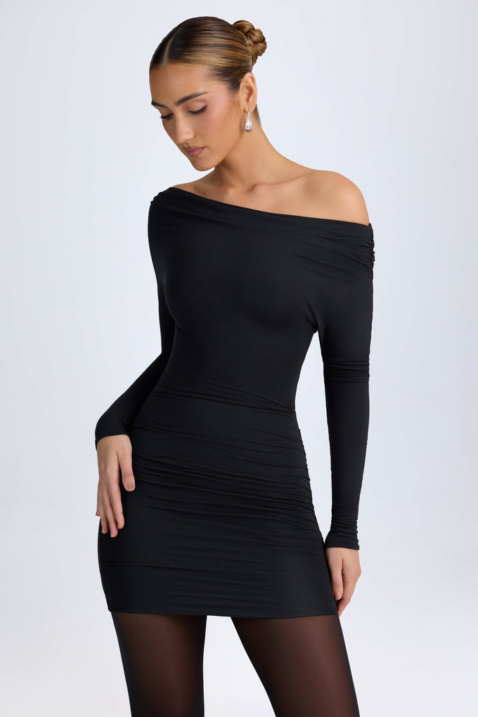 Modal Off-Shoulder Ruched Mini Dress in Black