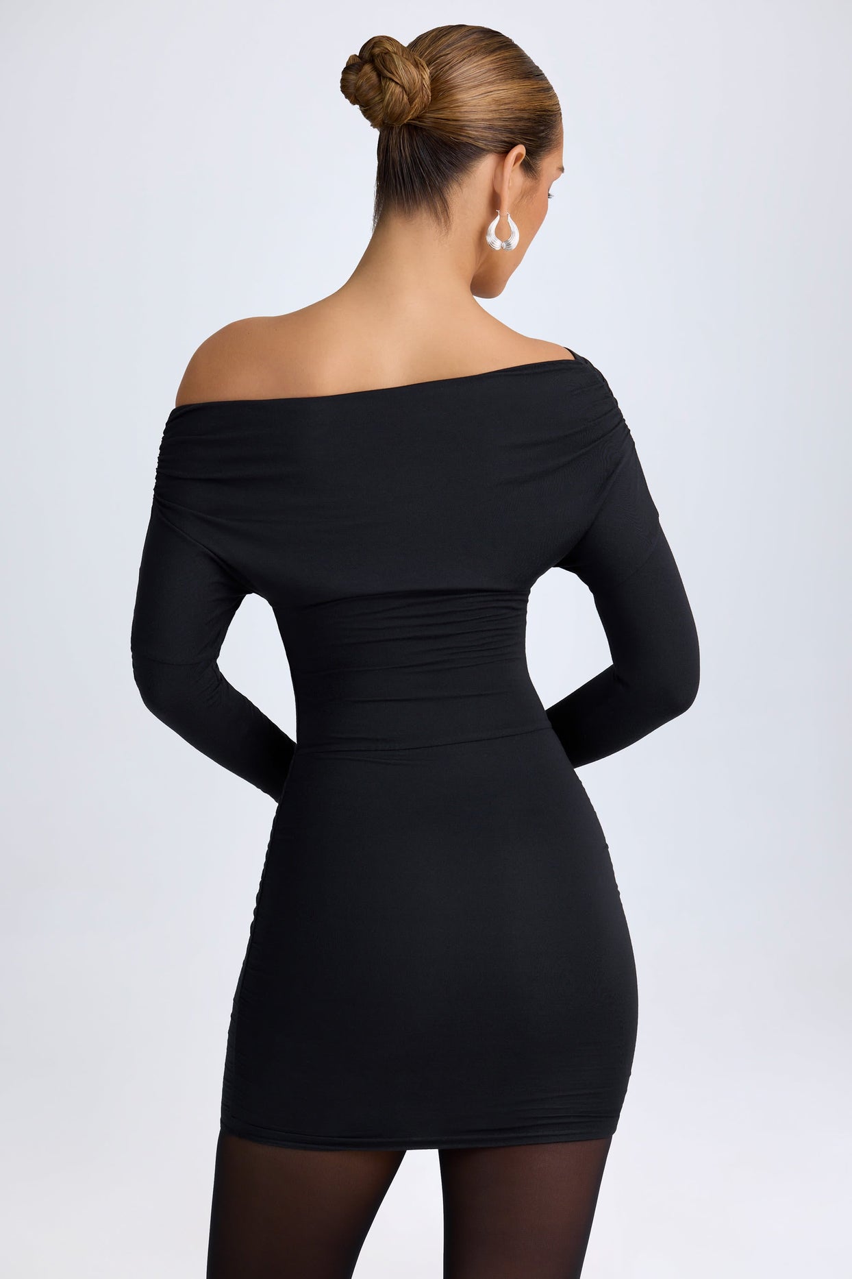 Modal Off-Shoulder Ruched Mini Dress in Black