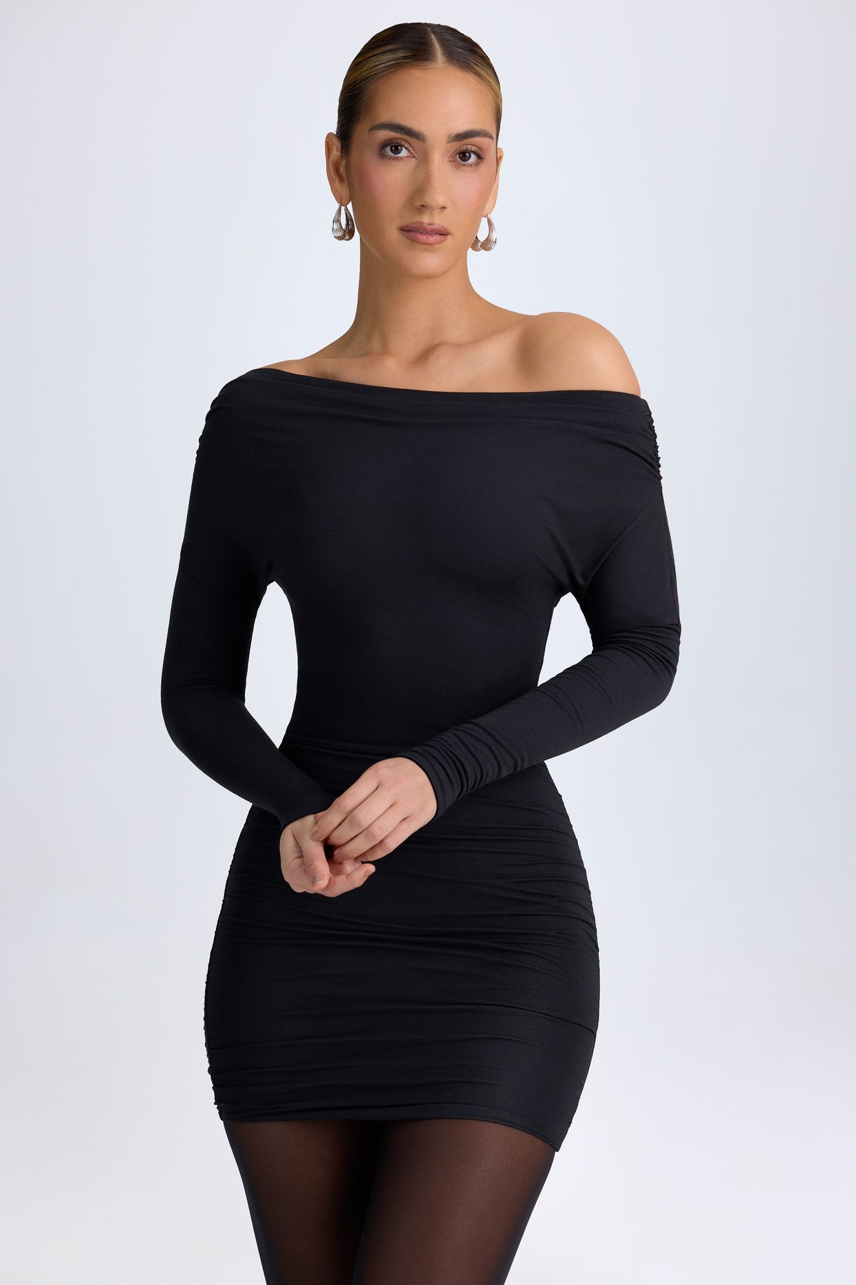 Modal Off-Shoulder Ruched Mini Dress in Black