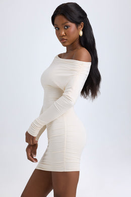 Modal Off-Shoulder Ruched Mini Dress in Ivory