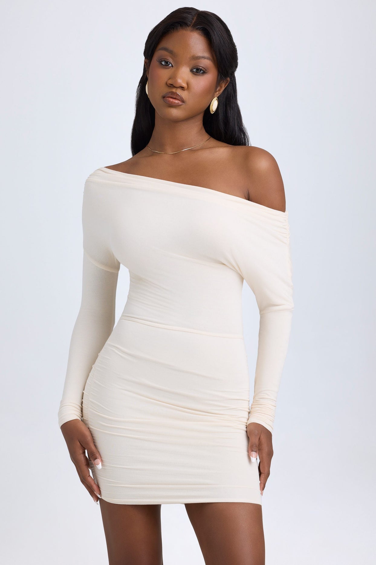 white off shoulder long sleeve mini dress Leora Off Shoulder Long Sleeve Mini Dress M | L | White | Womens