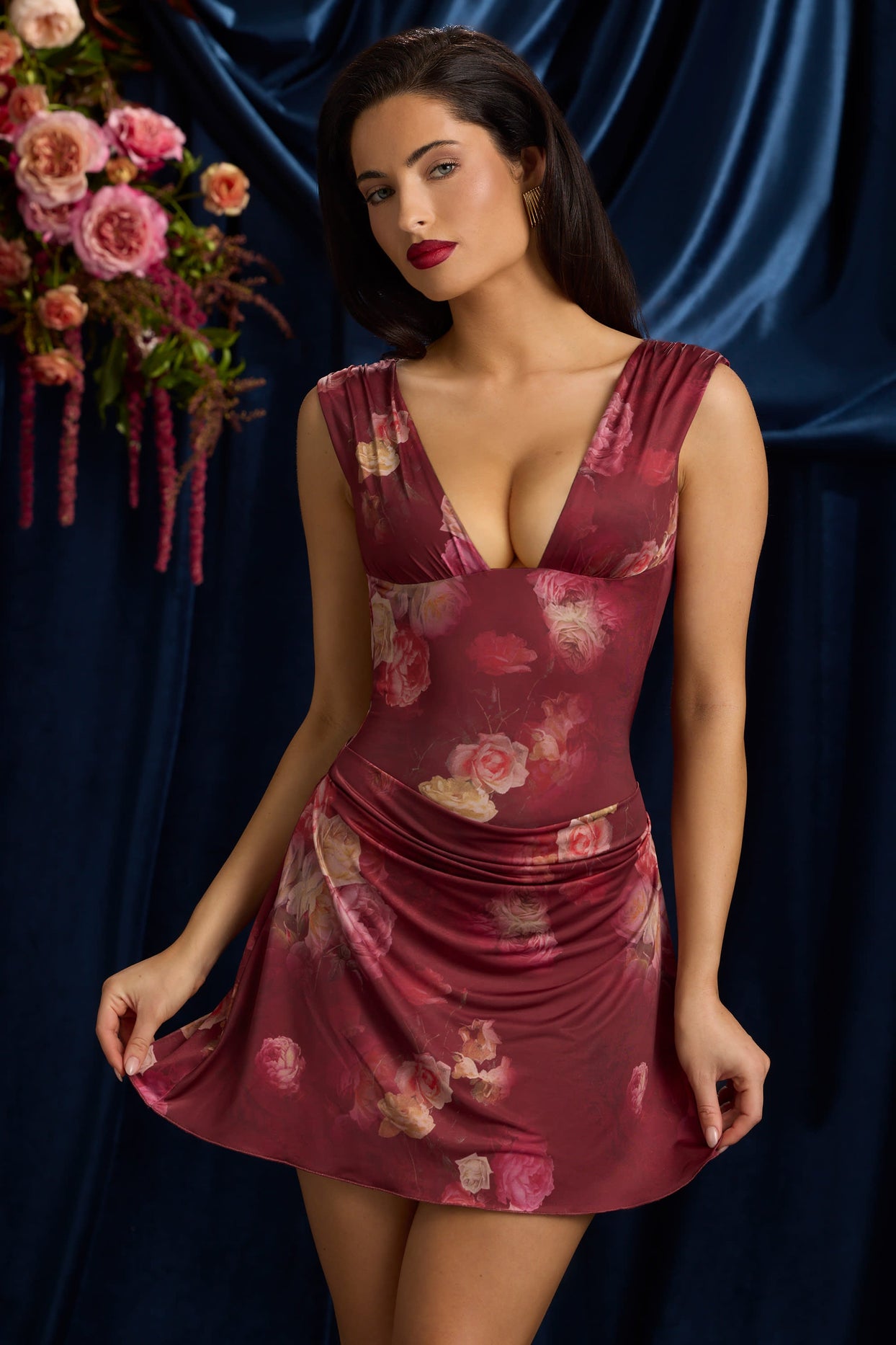 Draped Open-Back A-Line Mini Dress in Maroon Floral Print