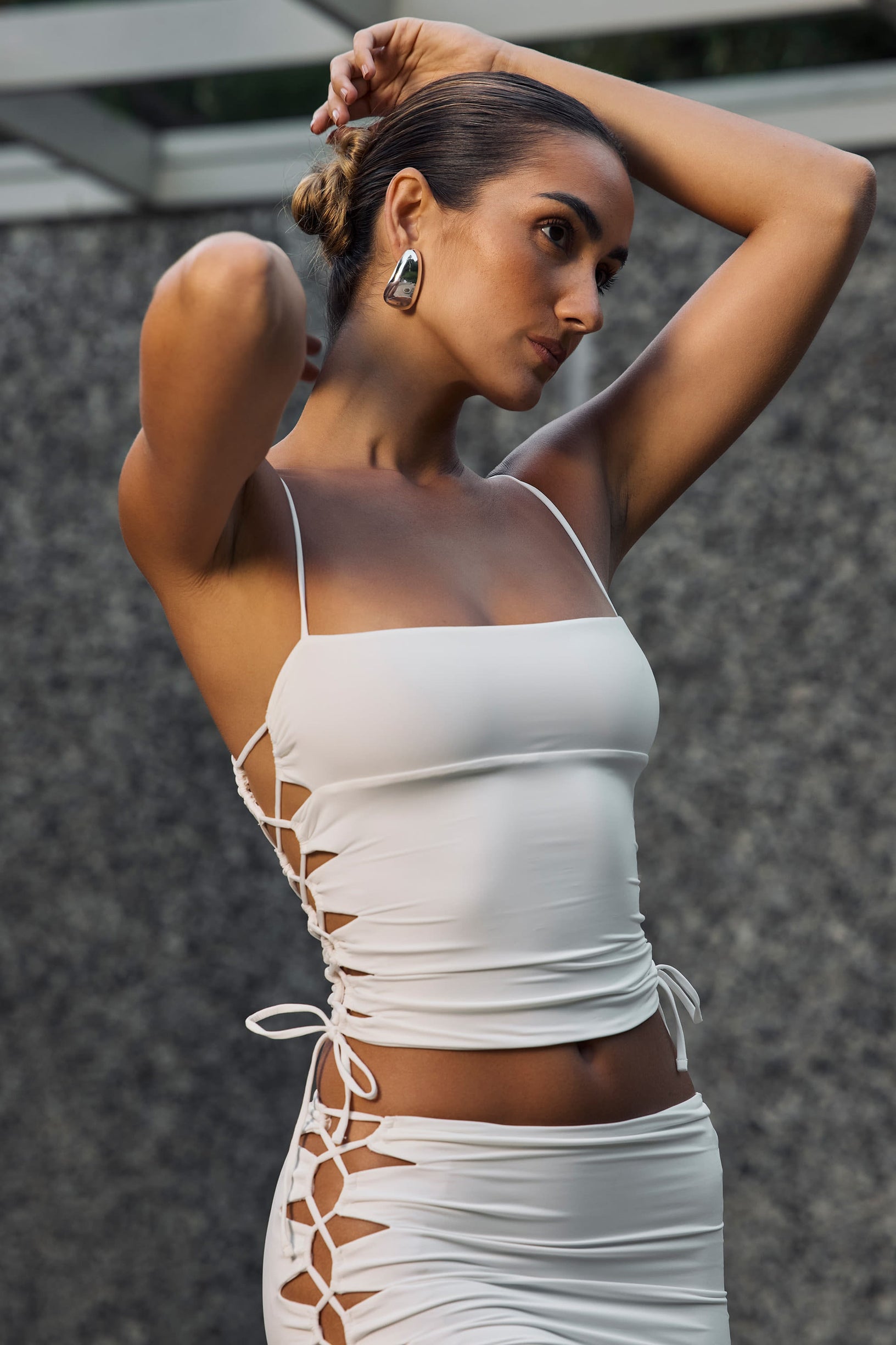 Ruched Cut-Out Top in White - 2