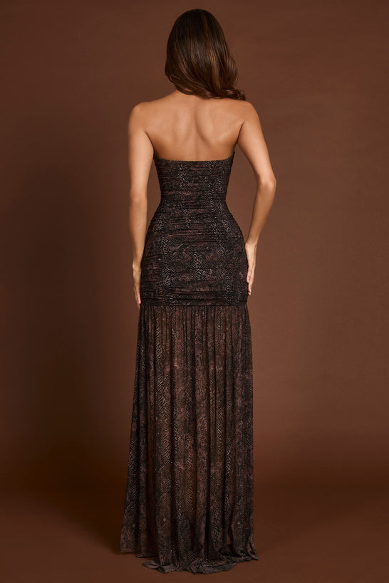 Embellished Bandeau Gathered Maxi Dress in Snake Hotfix