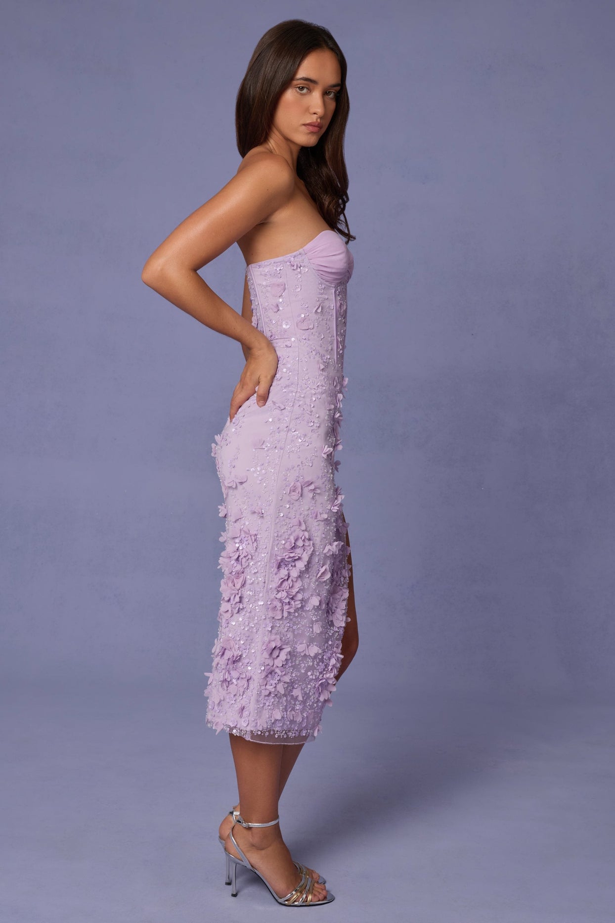 Lace-Up Corset Midaxi Dress with Split in Lilac