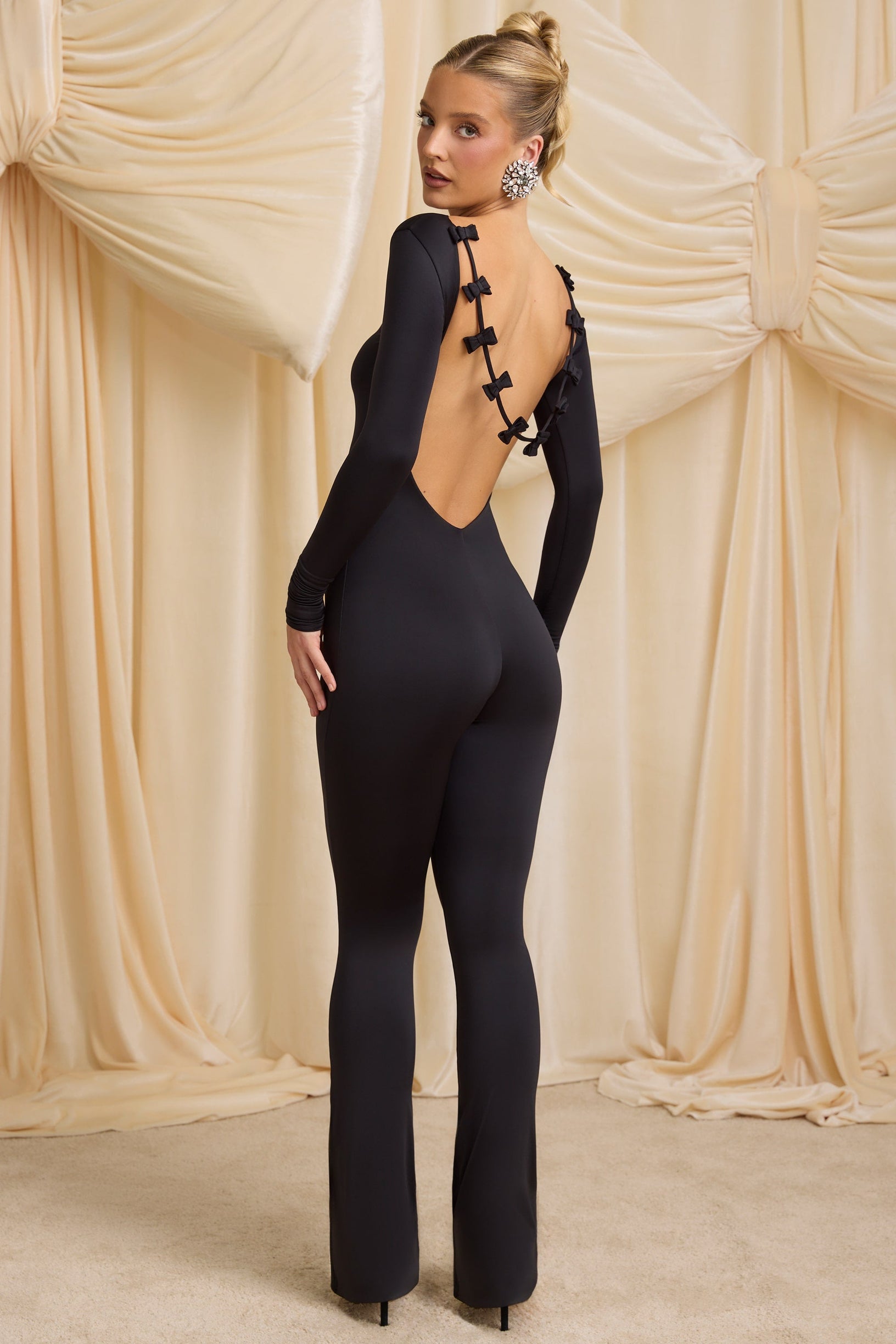 Slinky Jersey Bow-Detail Jumpsuit in Black - 1