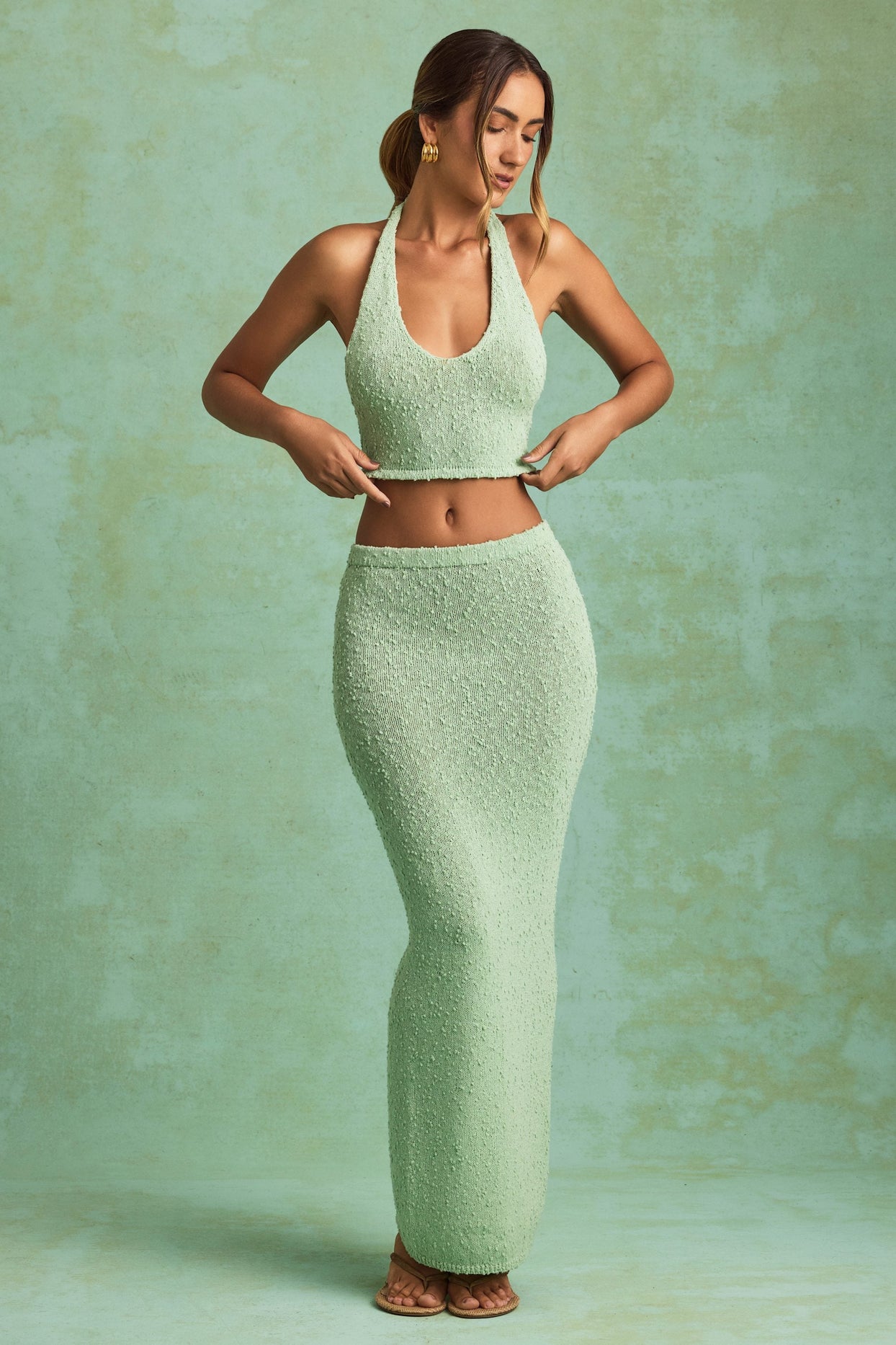Bouclé Mid-Rise Maxi Skirt in Mint