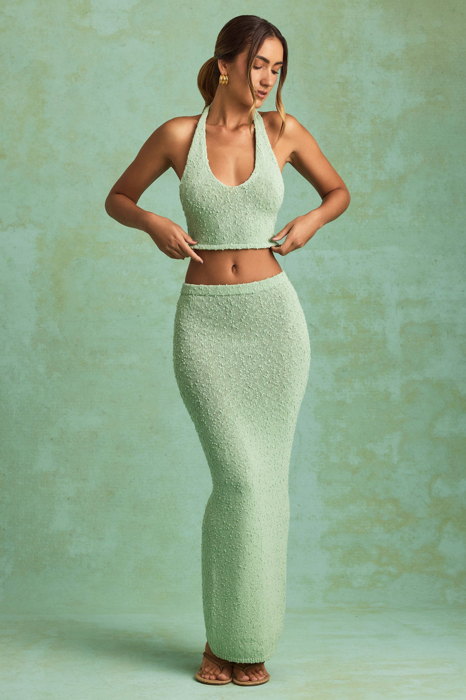 Bouclé Mid-Rise Maxi Skirt in Mint