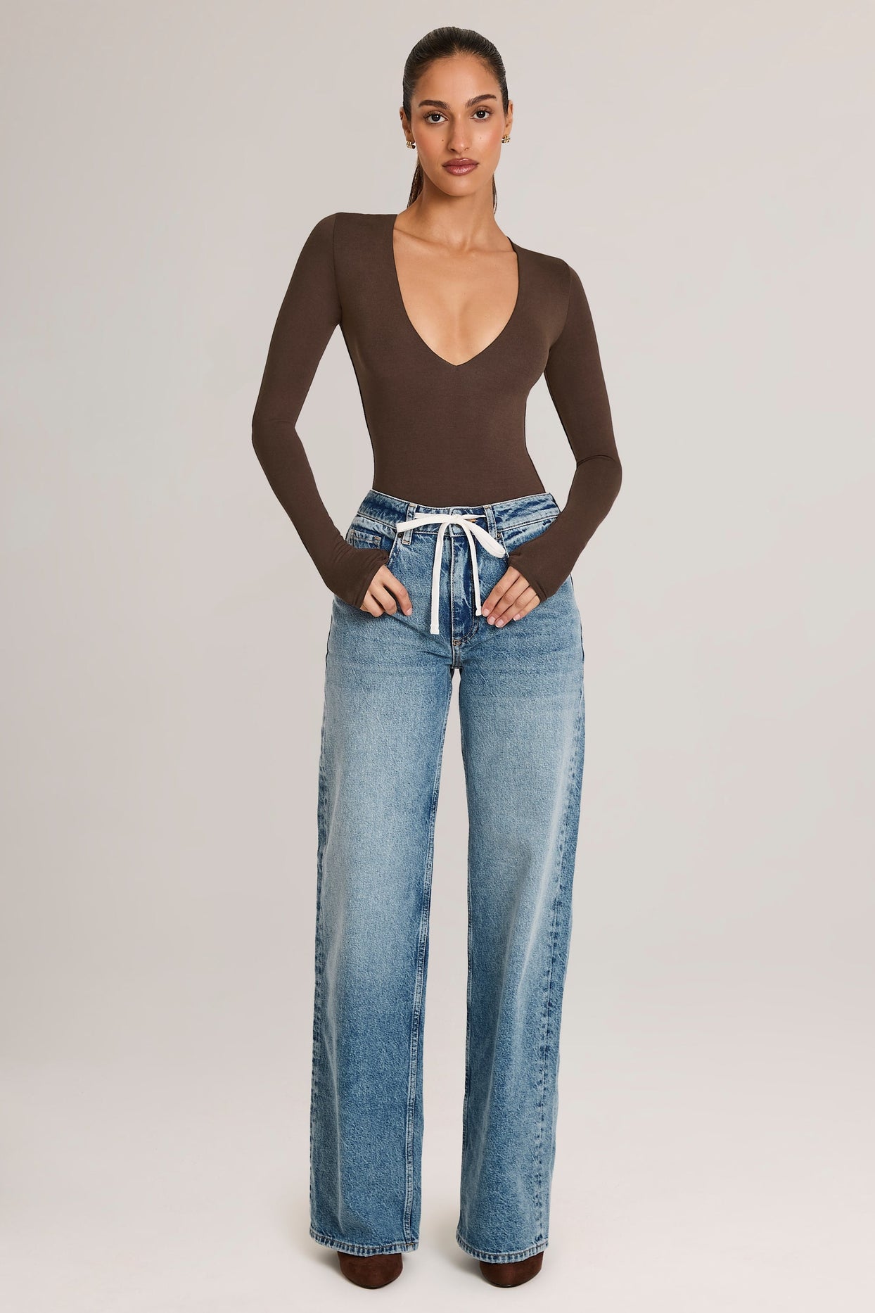 Drawstring Straight-Leg Jeans in Mid Wash