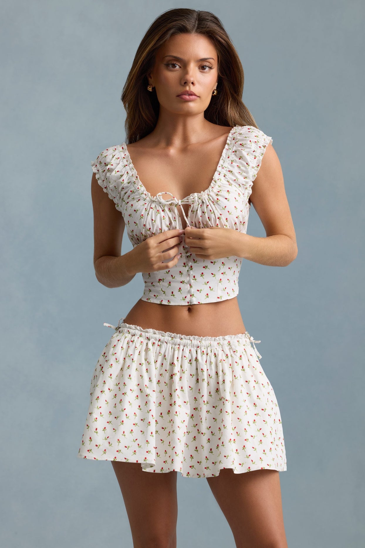 Ruched Cotton-Poplin Corset Top in Rose Print