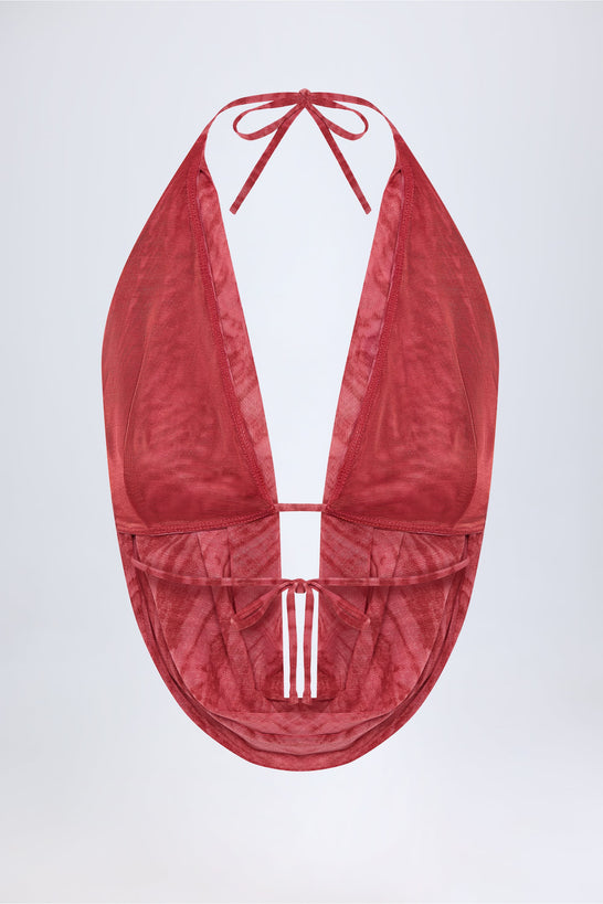 Cowl-Neck Backless Crop Top in Red Print