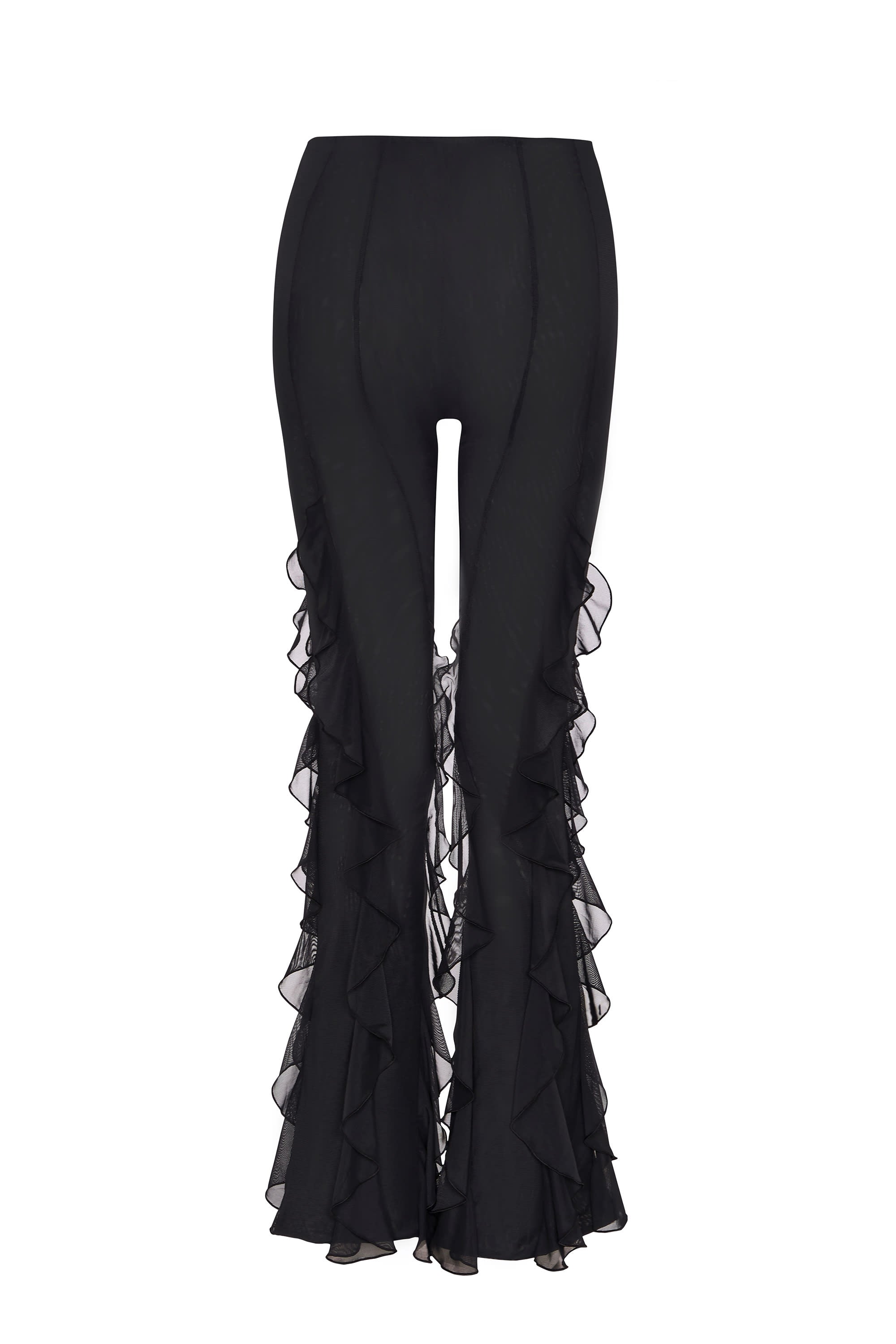 Ruffled Mid-Rise Flared Trousers in Black