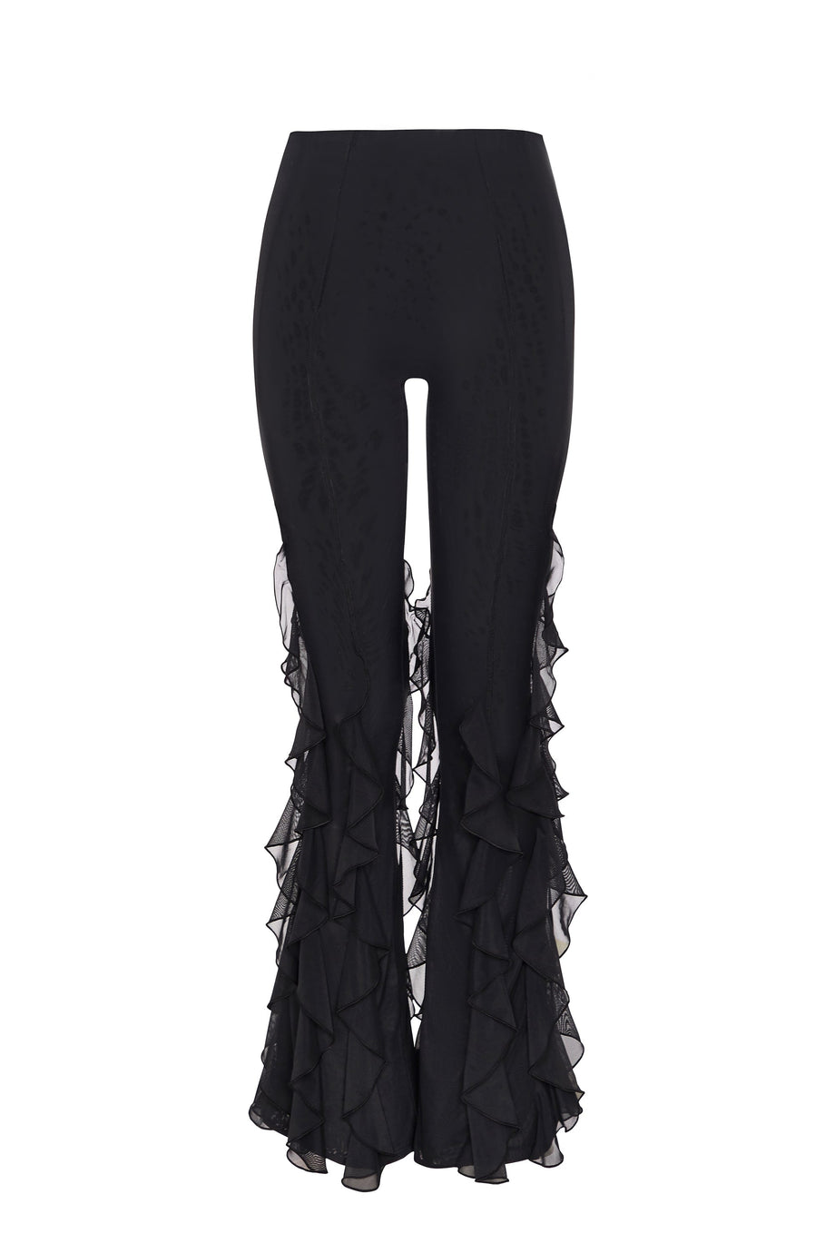 Ruffled Mid-Rise Flared Trousers in Black