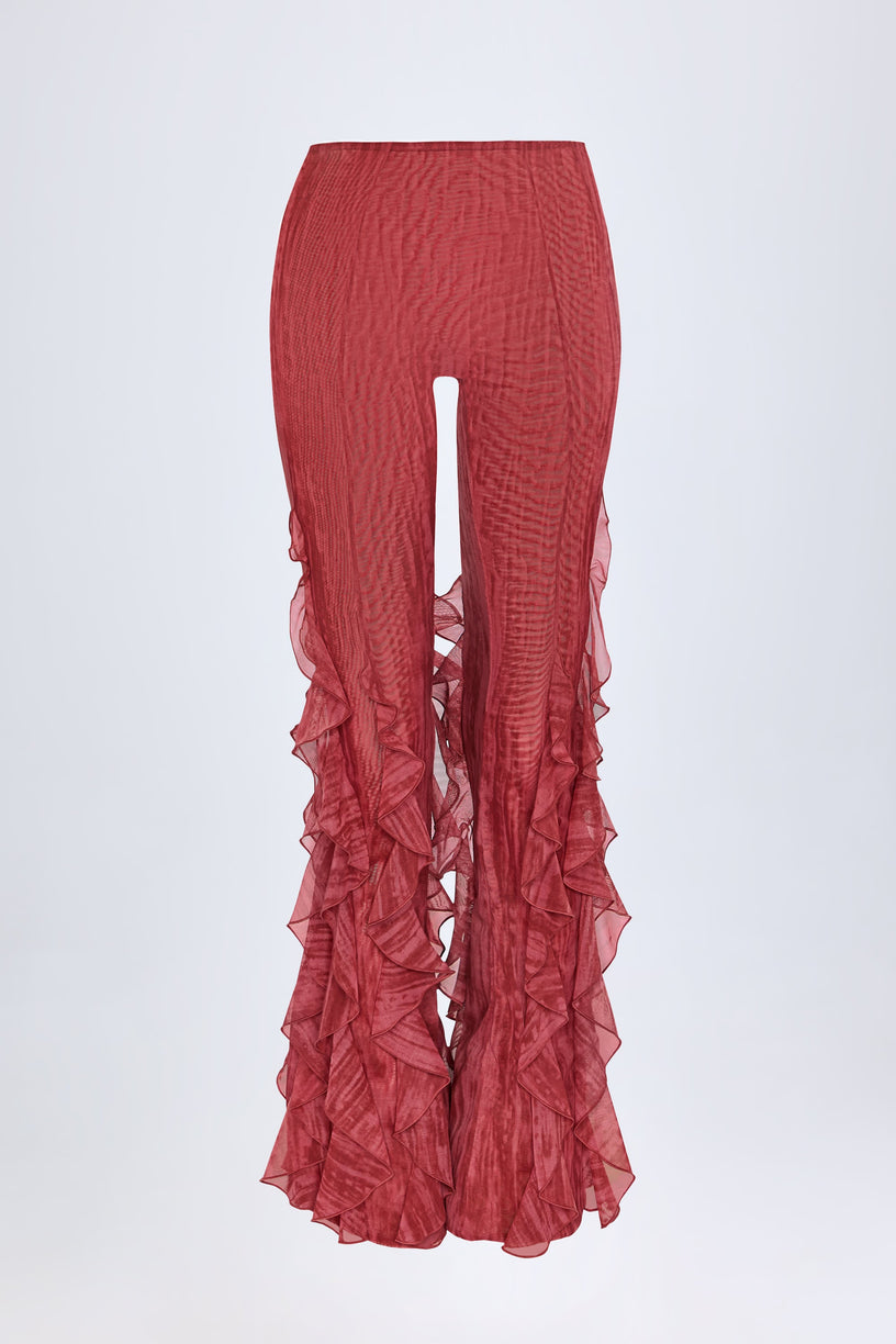 Ruffled Mid-Rise Flared Trousers in Red Print - 1