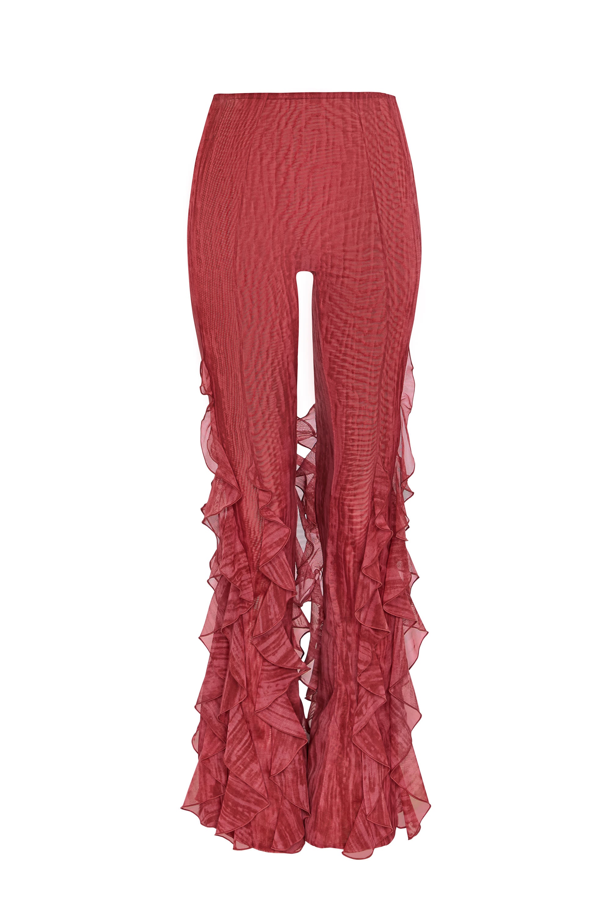 Ruffled Mid-Rise Flared Trousers in Red Print