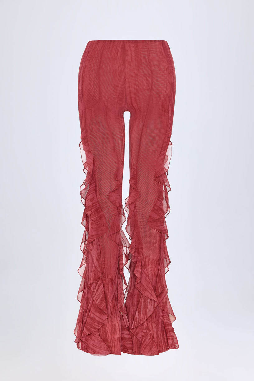 Ruffled Mid-Rise Flared Trousers in Red Print - 2