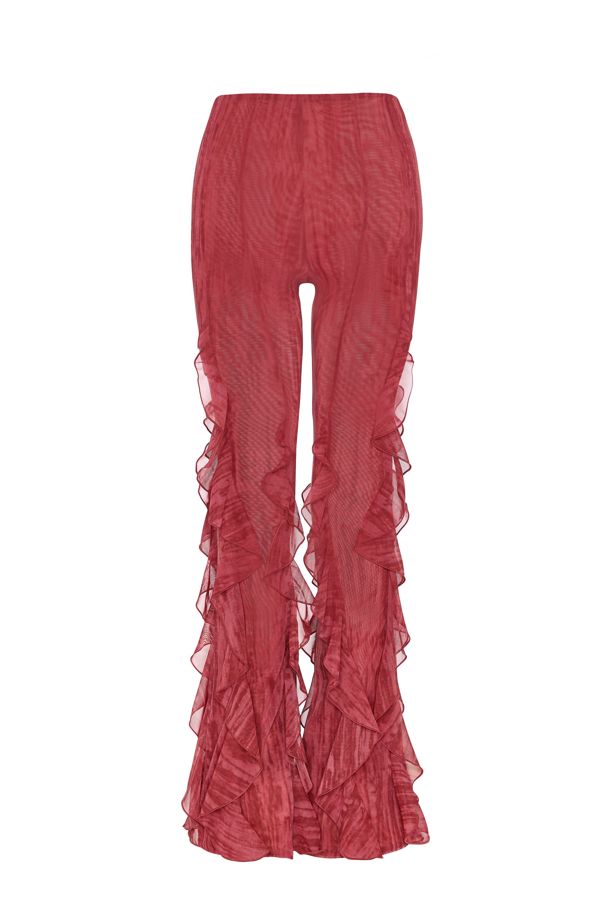 Ruffled Mid-Rise Flared Trousers in Red Print