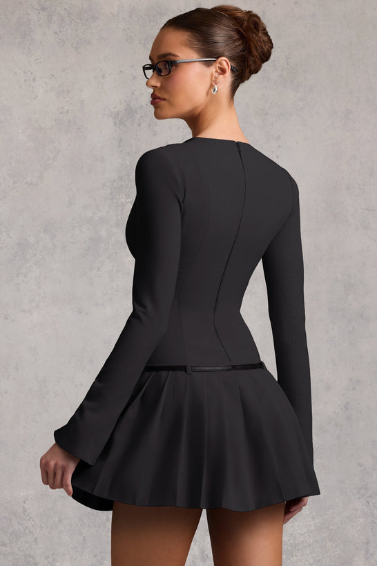 Fiorella Long-Sleeve Pleated Mini Dress in Black Oh Polly
