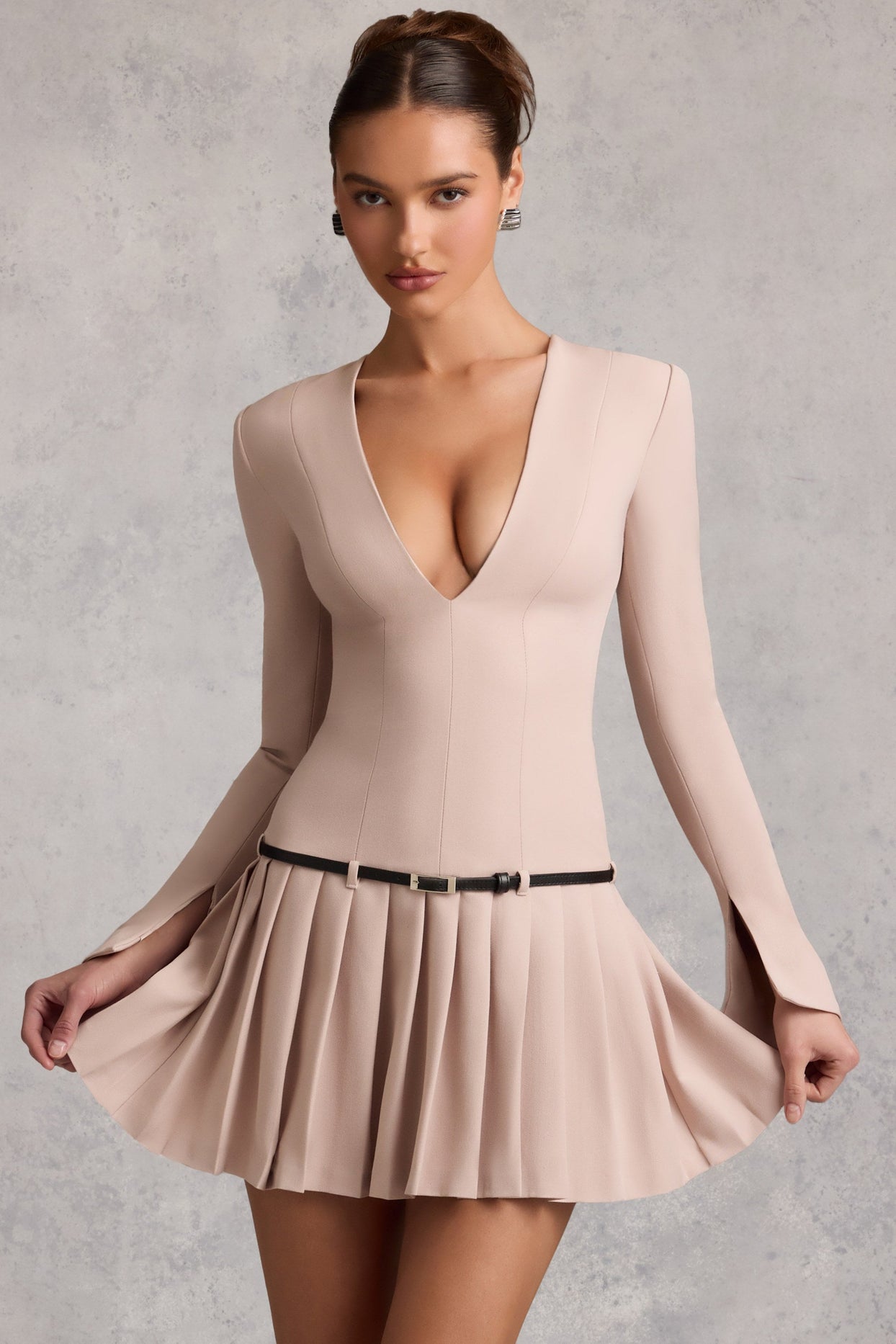 Long-Sleeve Pleated Mini Dress in Mushroom