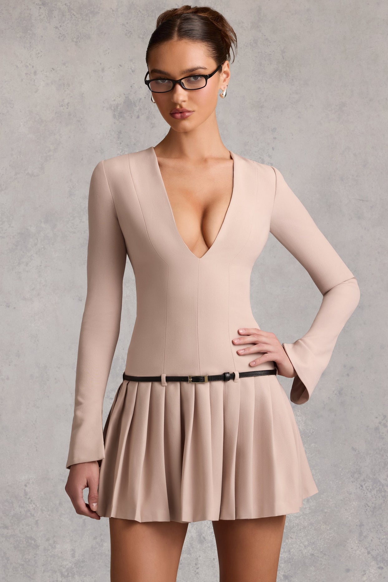 Long-Sleeve Pleated Mini Dress in Mushroom