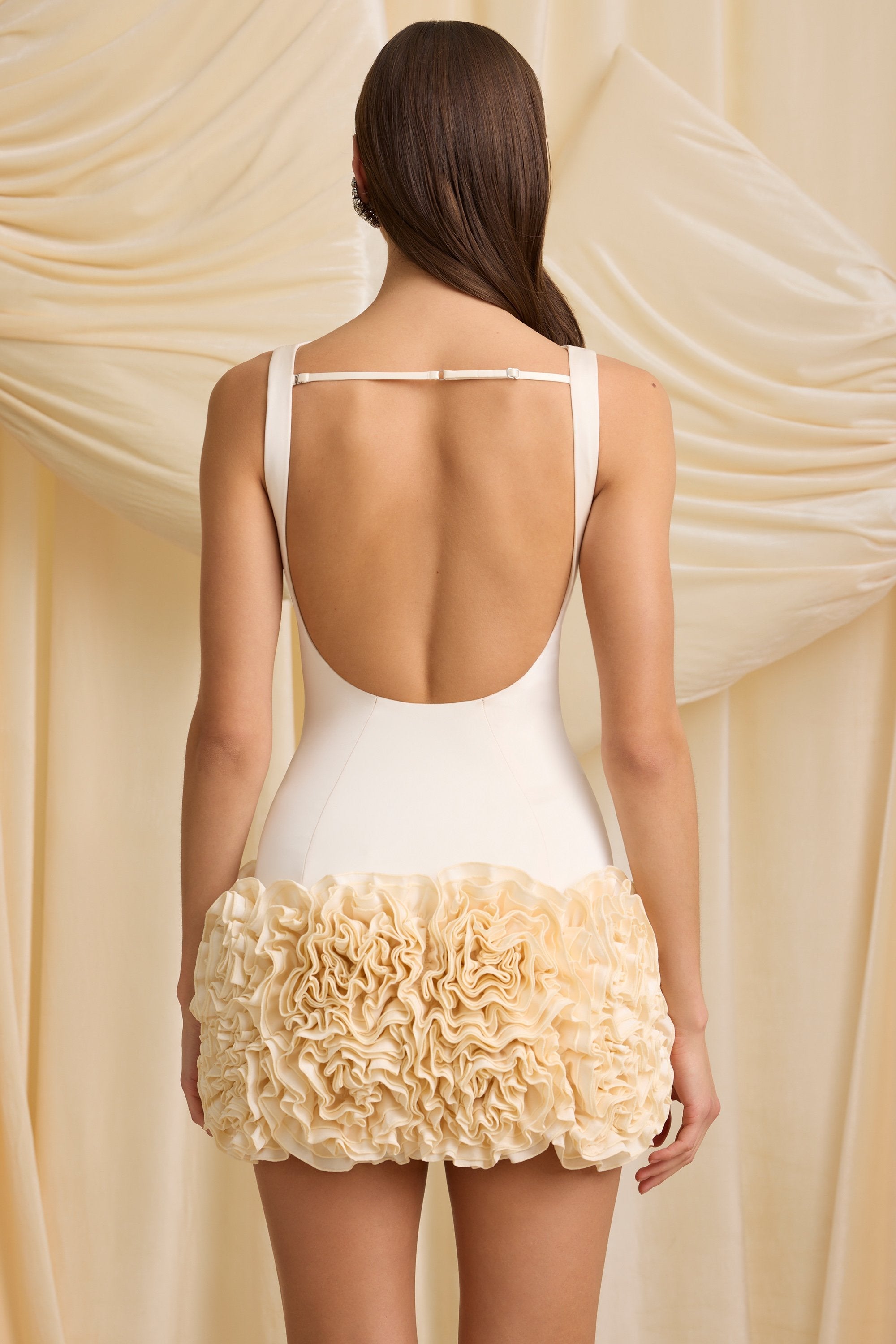 Satin Floral Appliqué Open-Back Mini Dress in Ivory