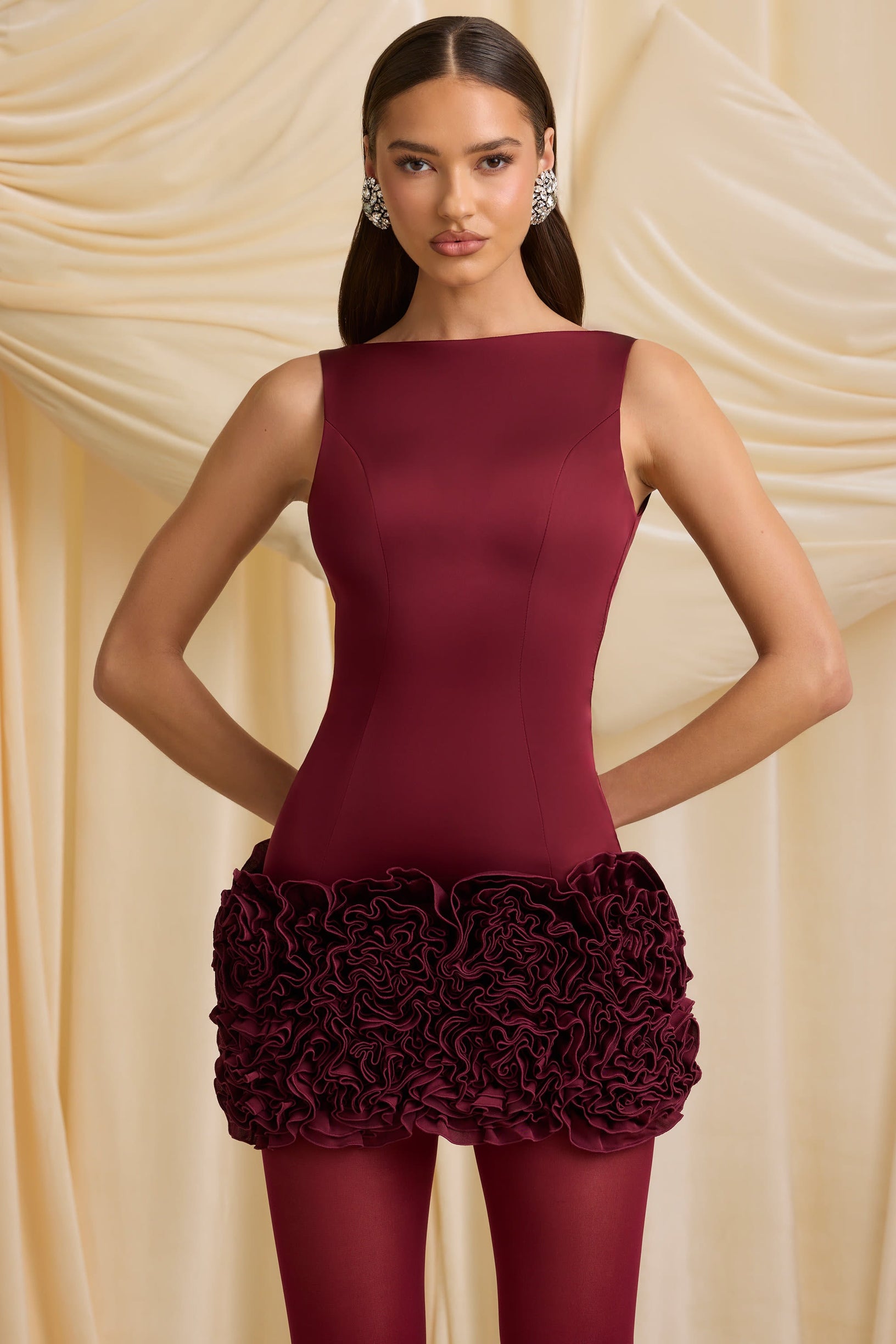 Satin Floral Appliqué Open-Back Mini Dress in Wine Red - 1