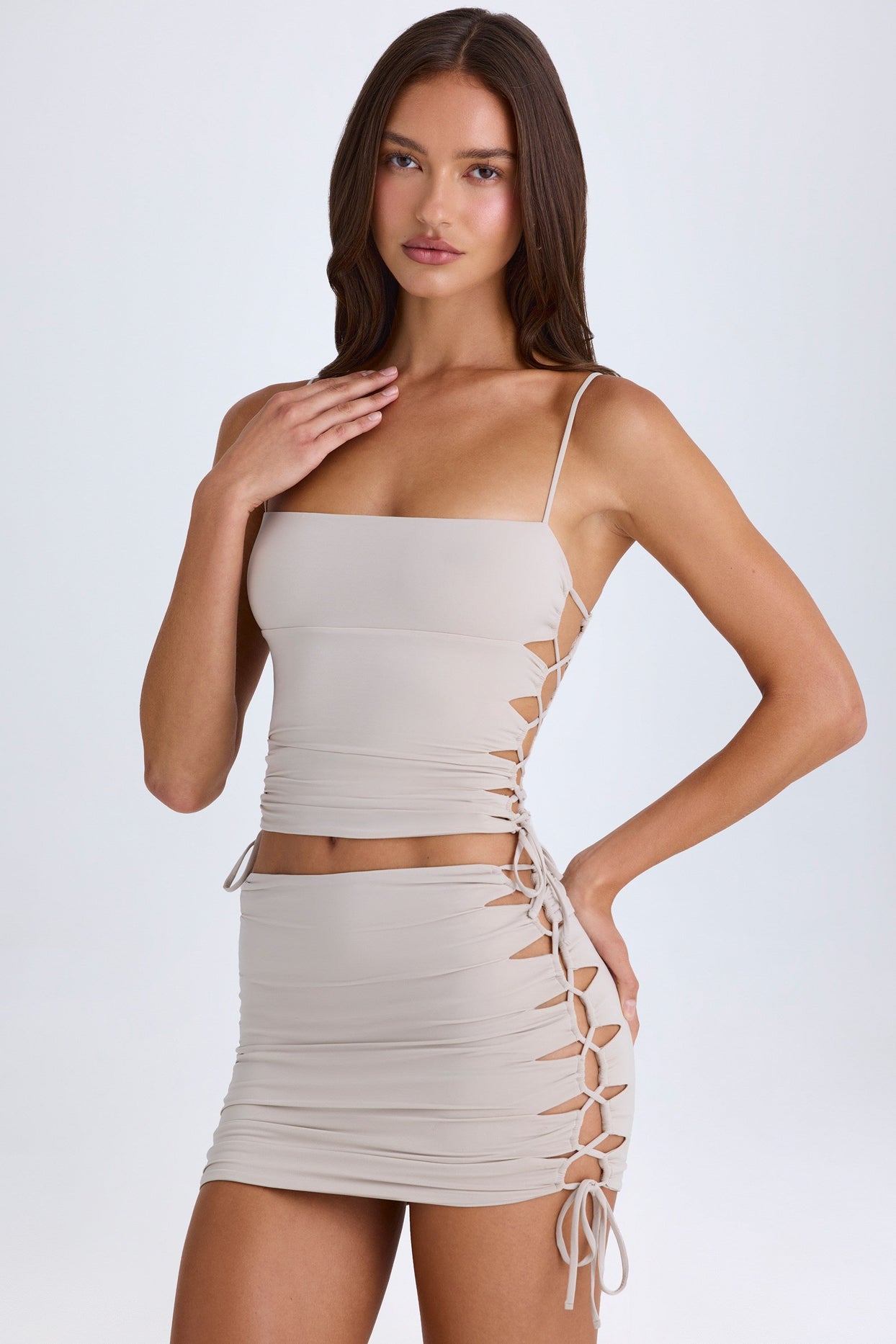 Ruched Cut-Out Mini Skirt in Taupe - 8