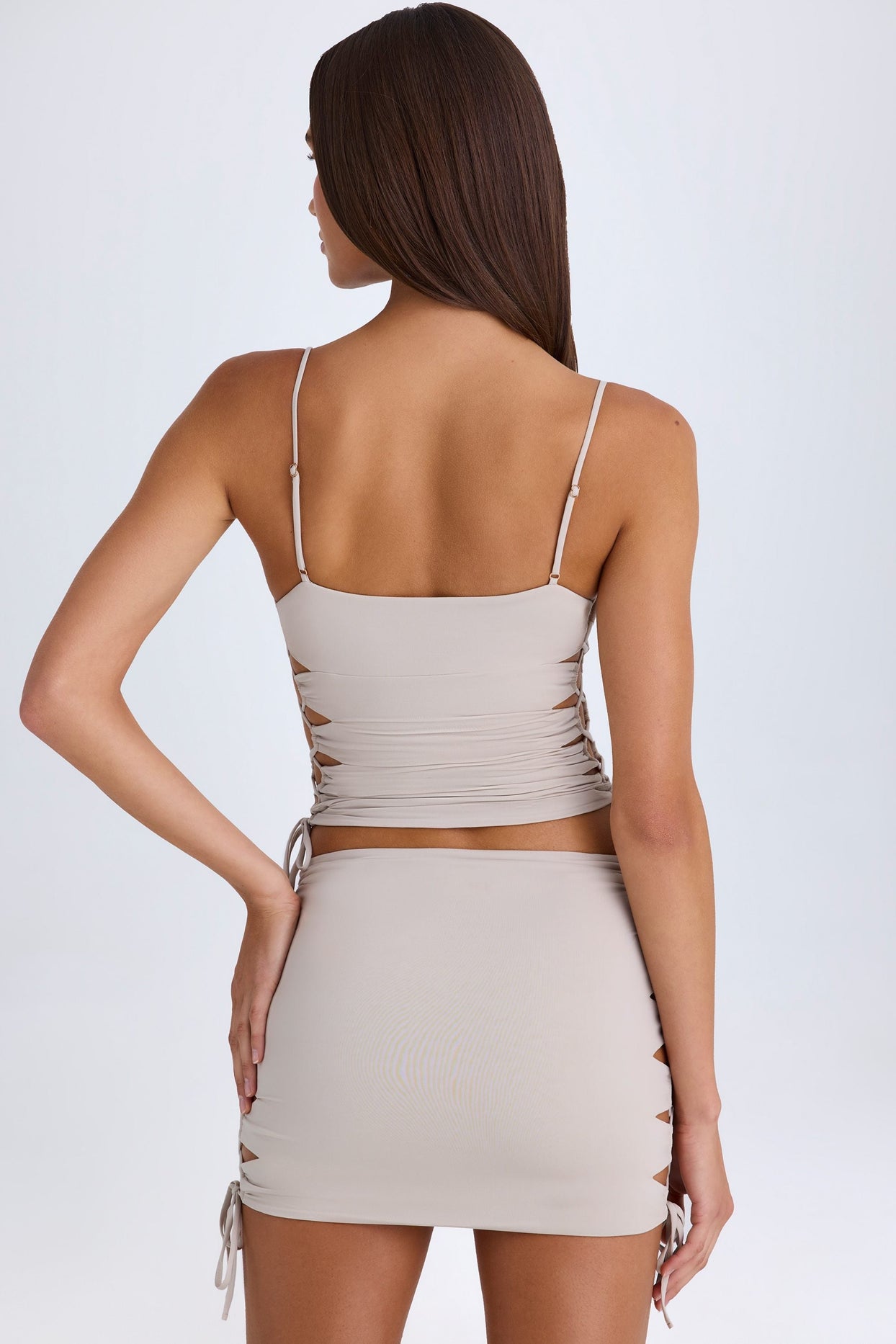 Ruched Cut-Out Mini Skirt in Taupe - 3