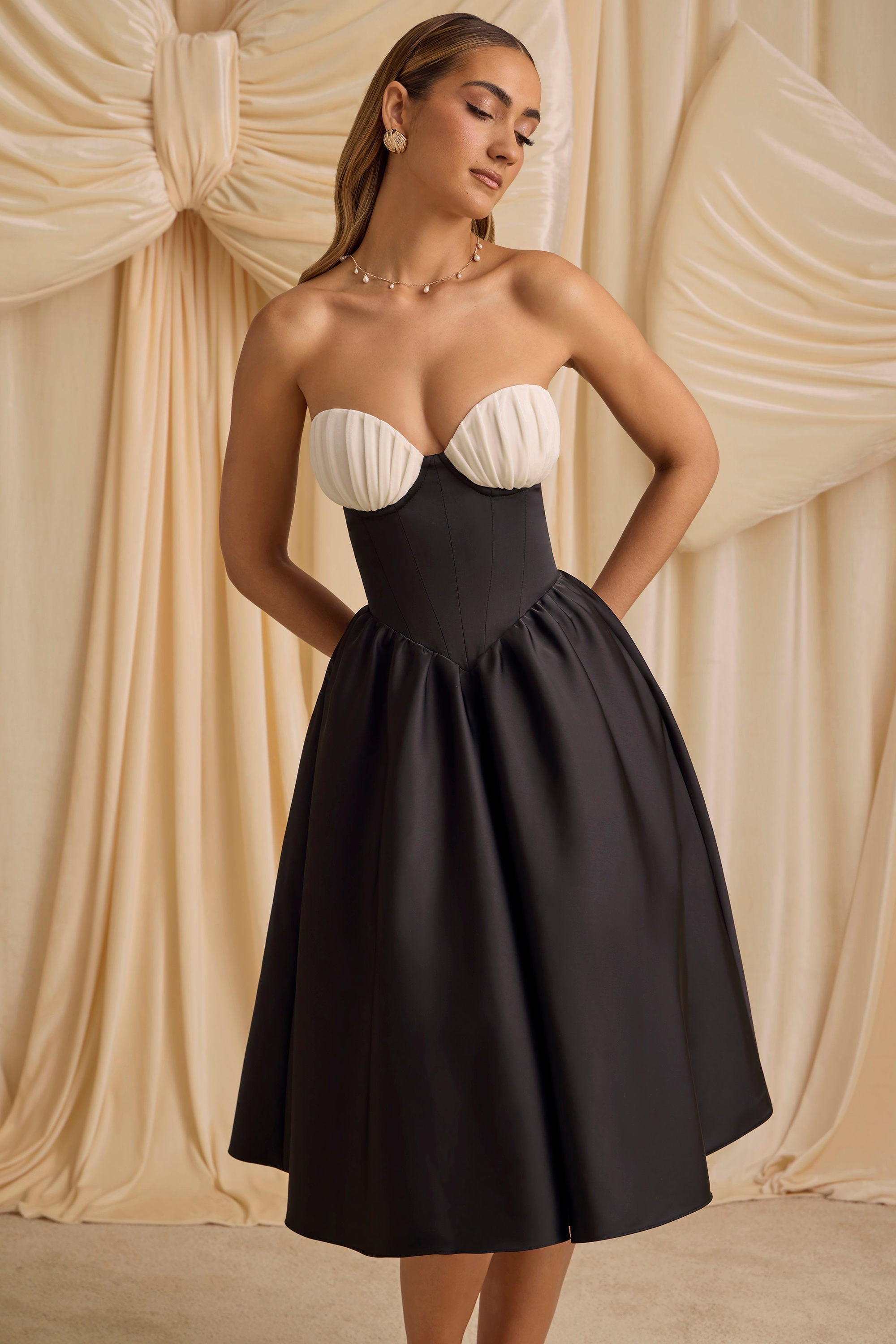 Gabrielle Strapless Corset Midi Dress in Black