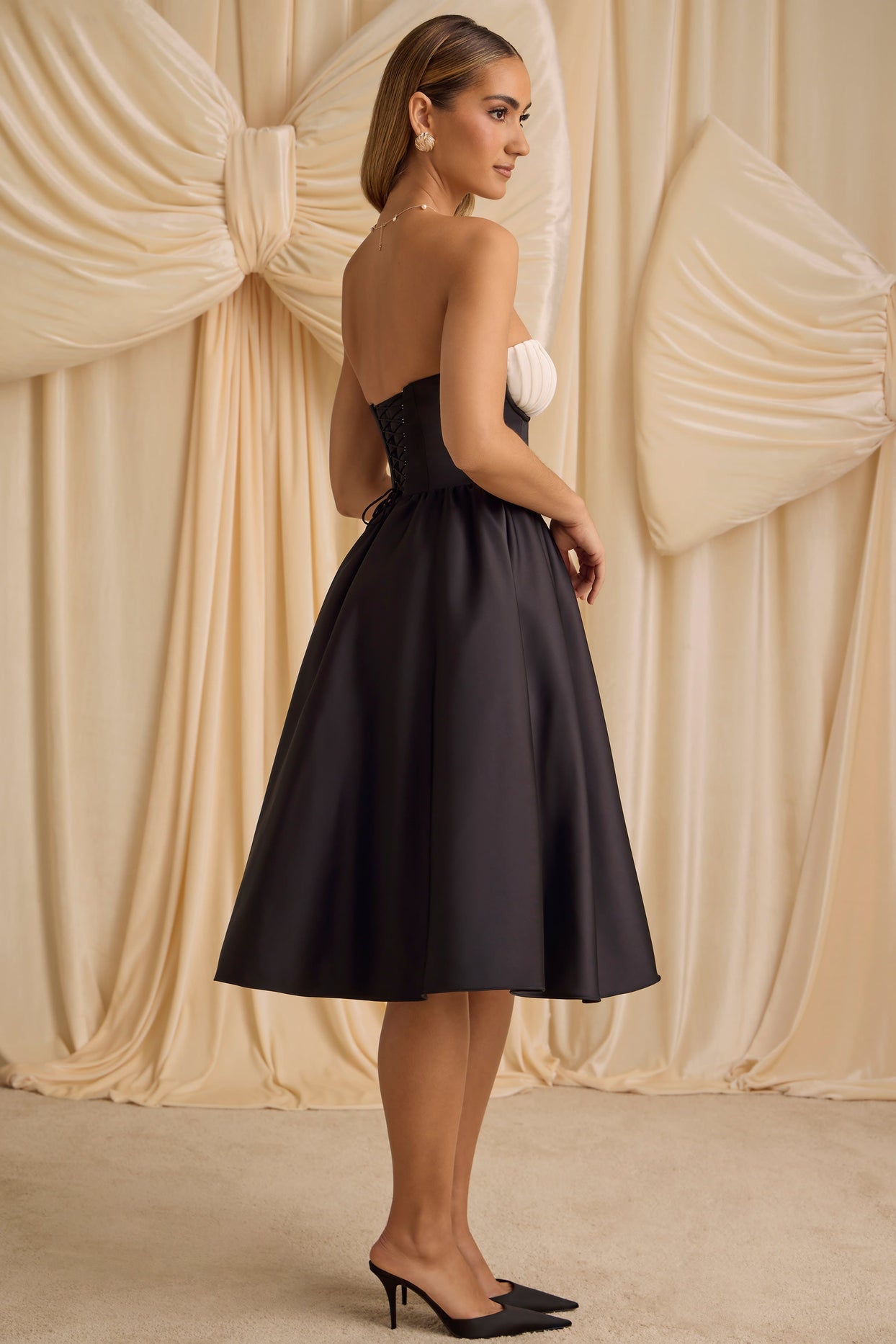 Gabrielle Strapless Corset Midi Dress in Black