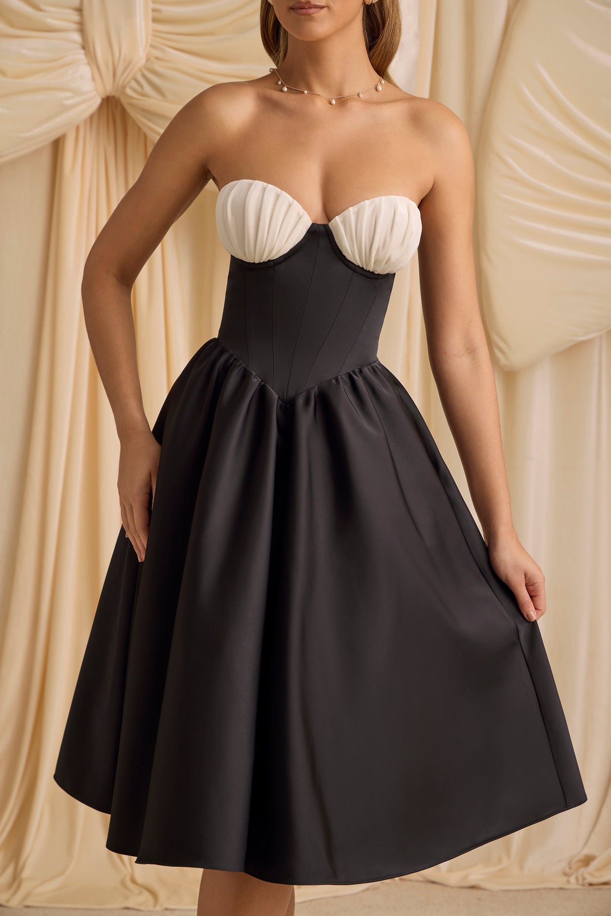 Gabrielle Strapless Corset Midi Dress in Black