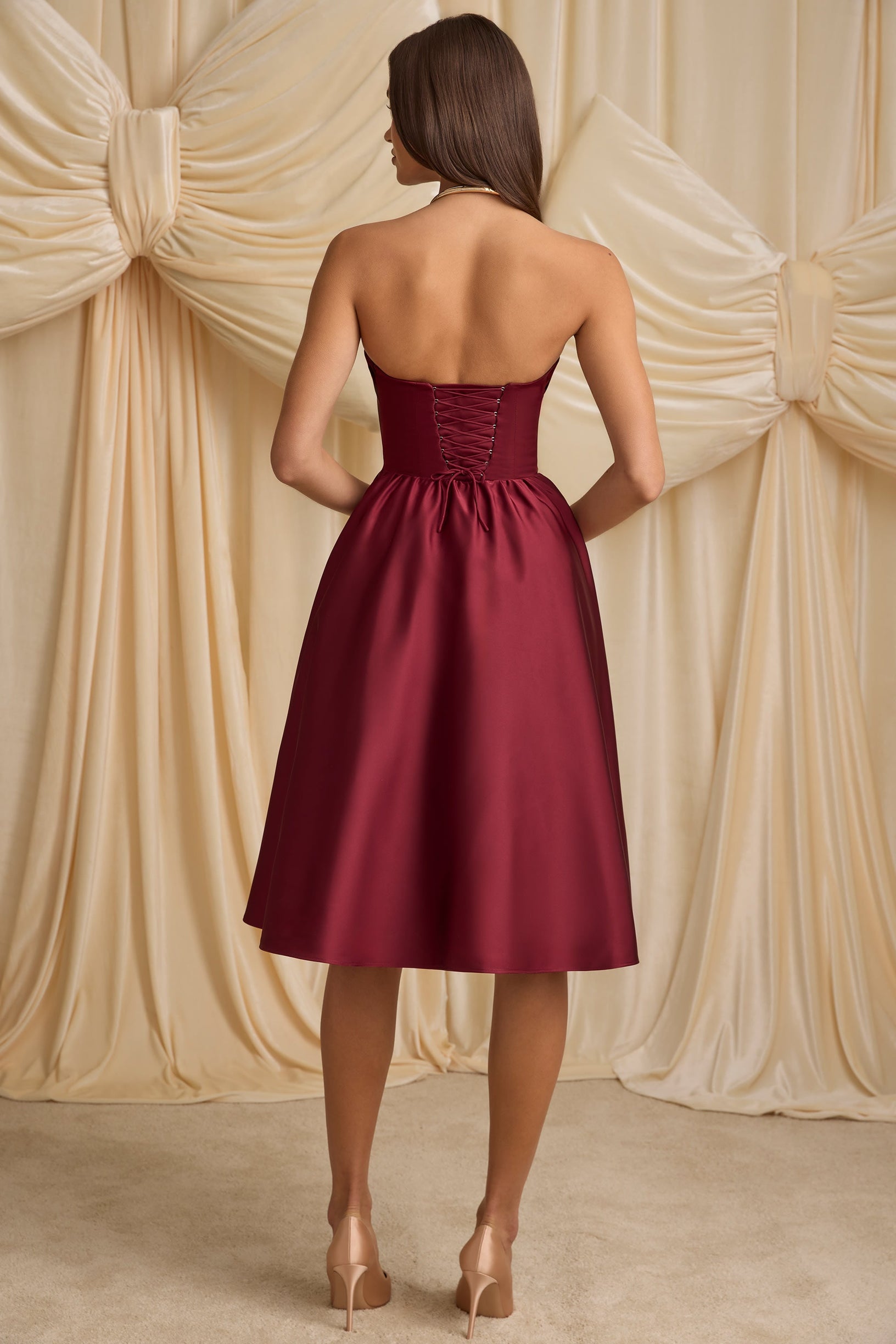 Strapless Corset Midi Dress in Wine Red - 2