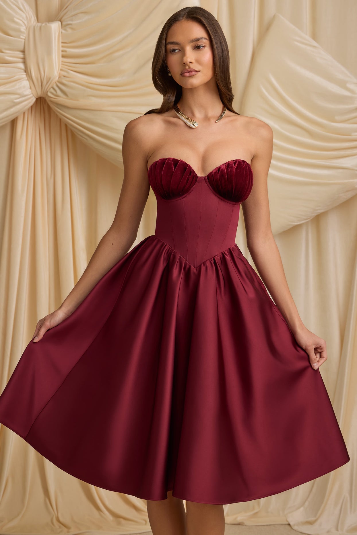Strapless Corset Midi Dress in Wine Red Strapless Corset Midi Dress in Wine Red