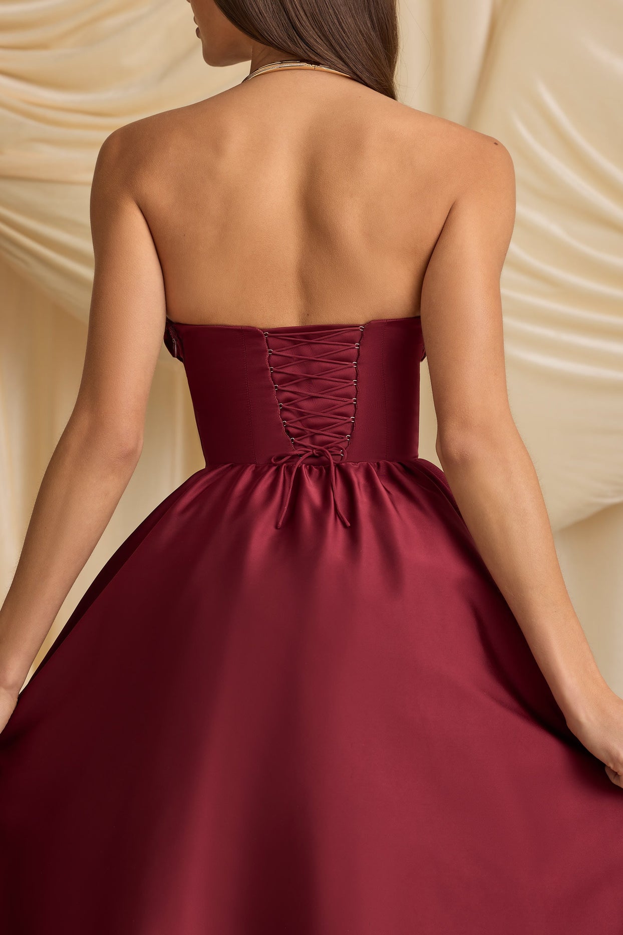 Gabrielle Strapless Corset Midi Dress in Wine Red