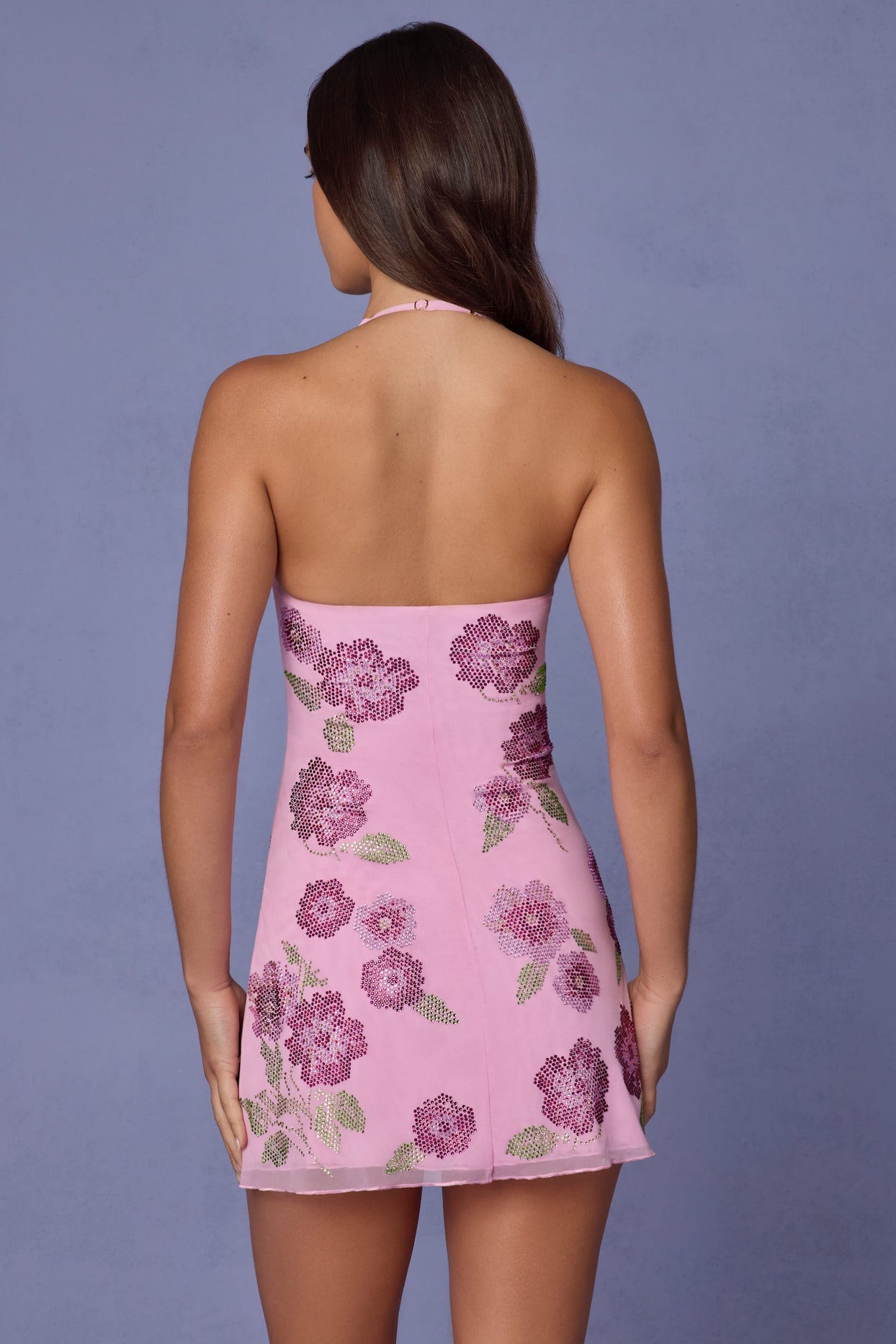 Sequin-Embellished Halterneck Mini Dress in Soft Pink