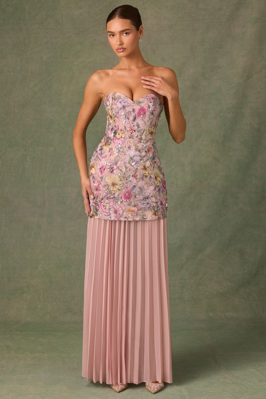 Embellished Convertible Lace-Up Gown in Floral Pink