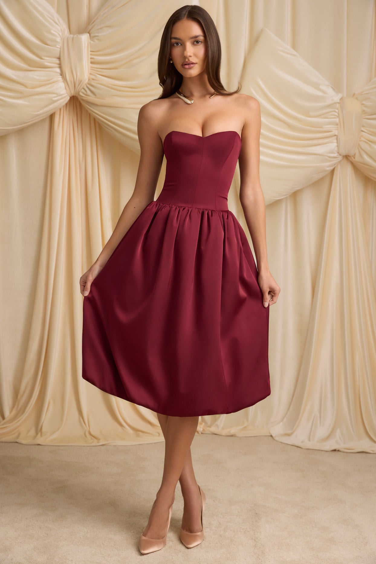 Convertible Bow-Detail Bubble Hem Midaxi Dress in Wine Red