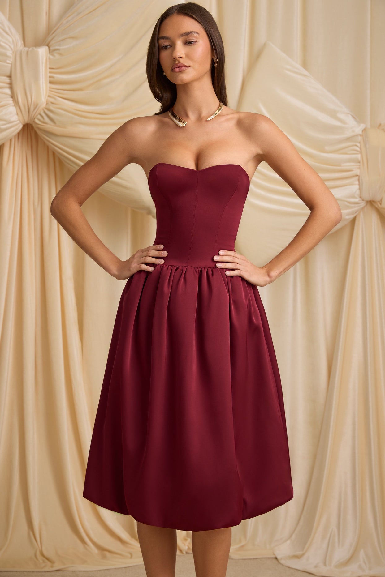 Convertible Bow-Detail Bubble Hem Midaxi Dress in Wine Red