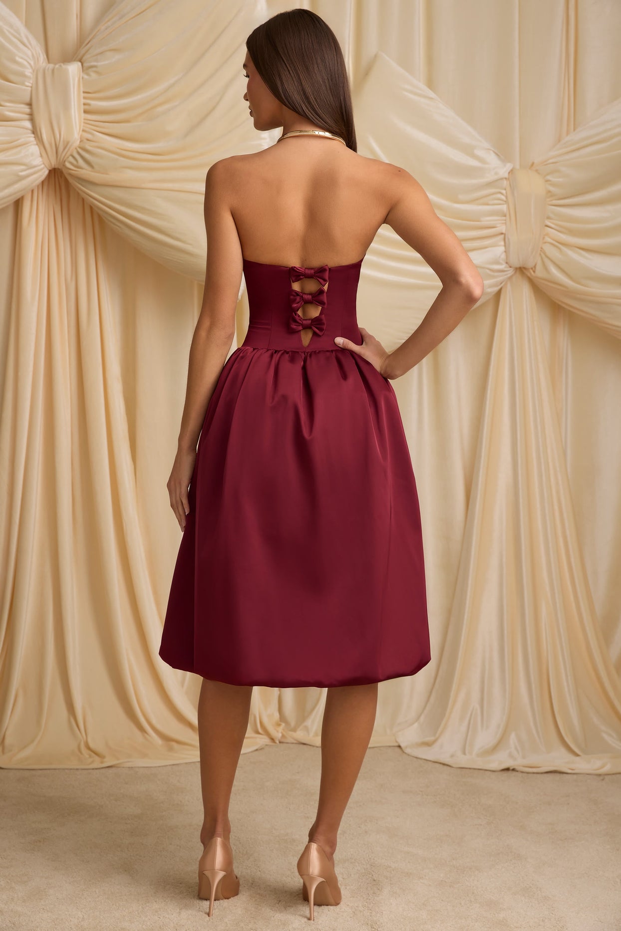 Convertible Bow-Detail Bubble Hem Midaxi Dress in Wine Red