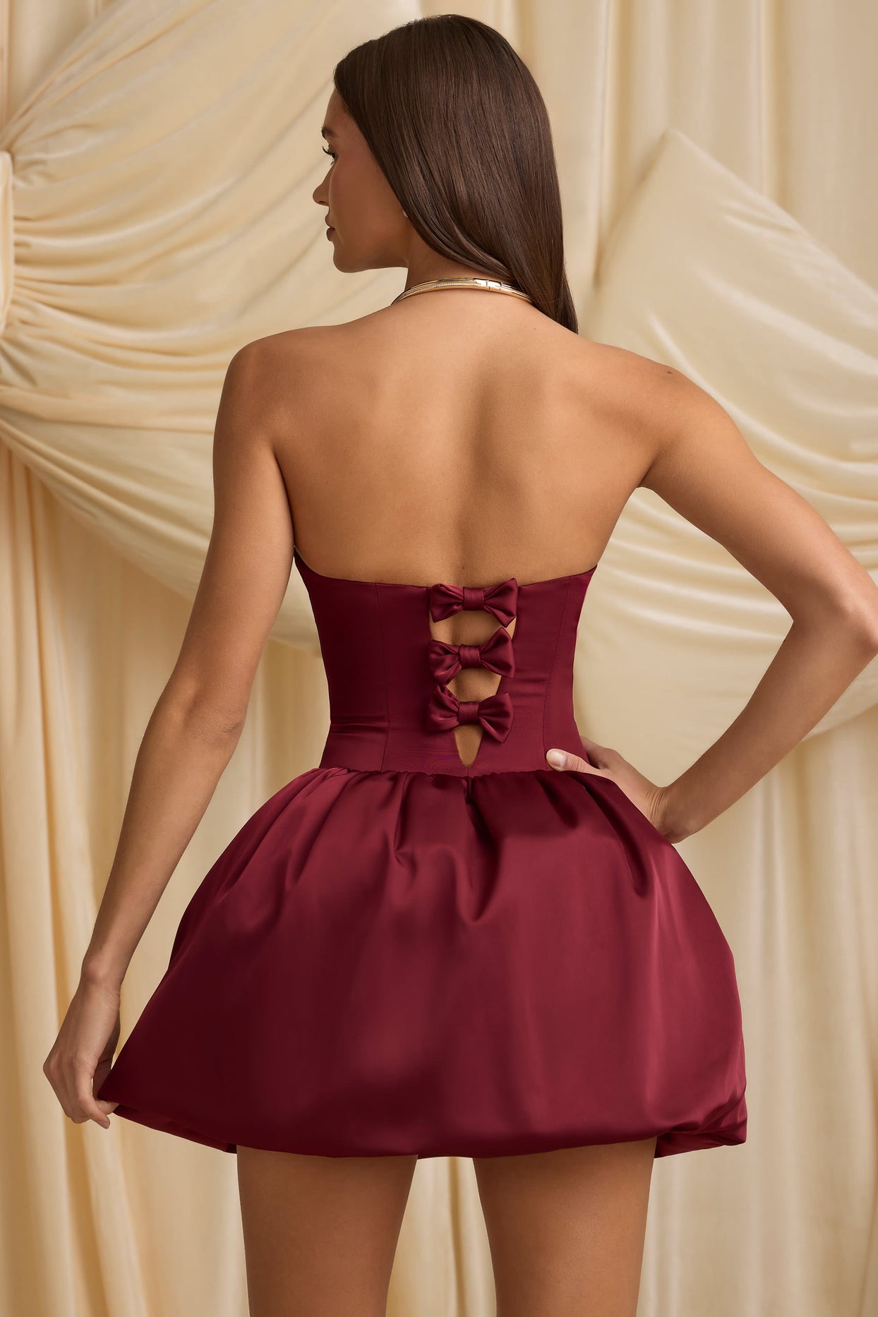 Convertible Bow-Detail Bubble Hem Midaxi Dress in Wine Red